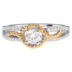 Anillo de compromiso de oro bicolor de 14 quilates con halo de cuentas y mango partido de 3/8 quilates de diamantes