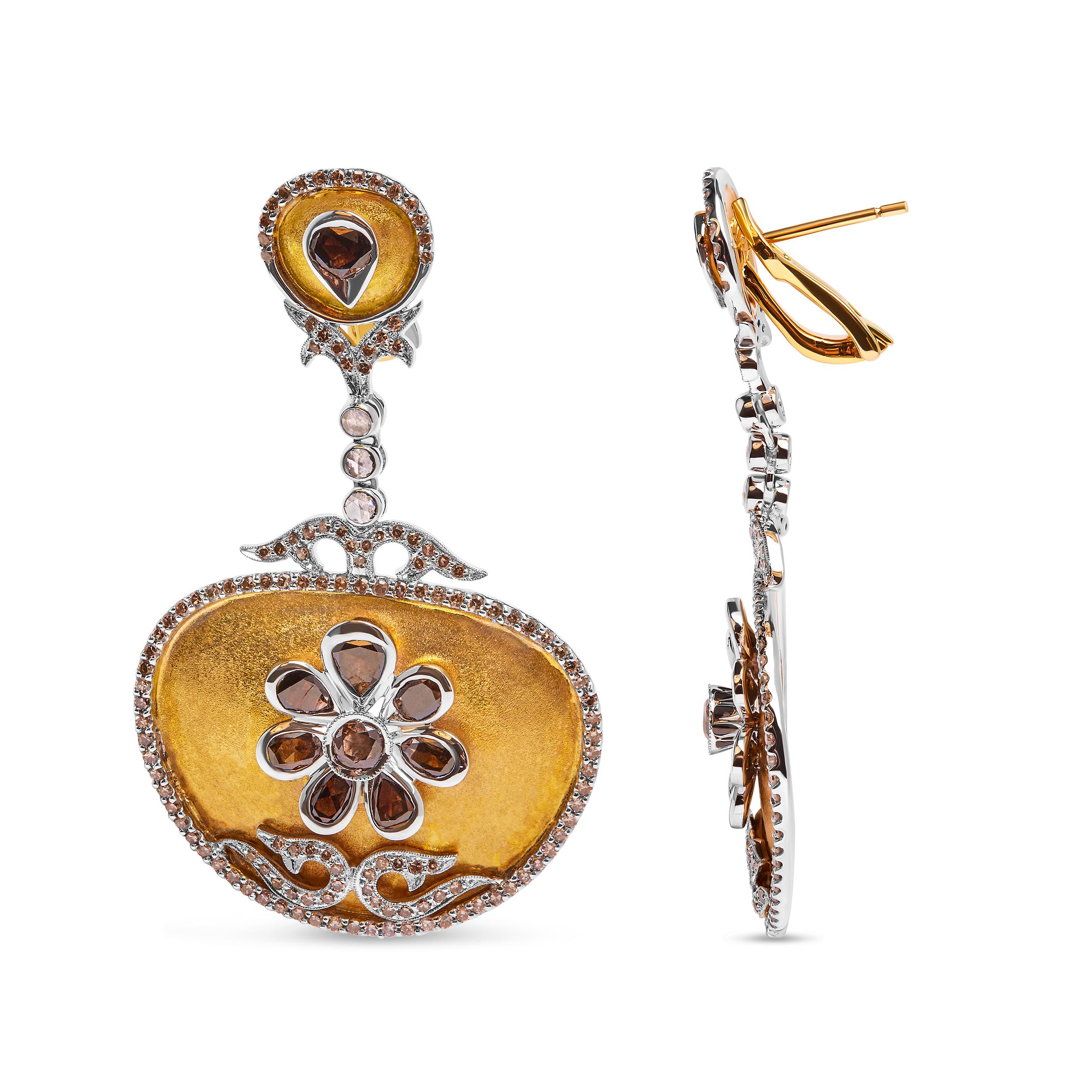 Modern 14K Two-Toned Gold 5 1/4 Carat Diamond Matte Finished Medallion Dangle Earring  For Sale