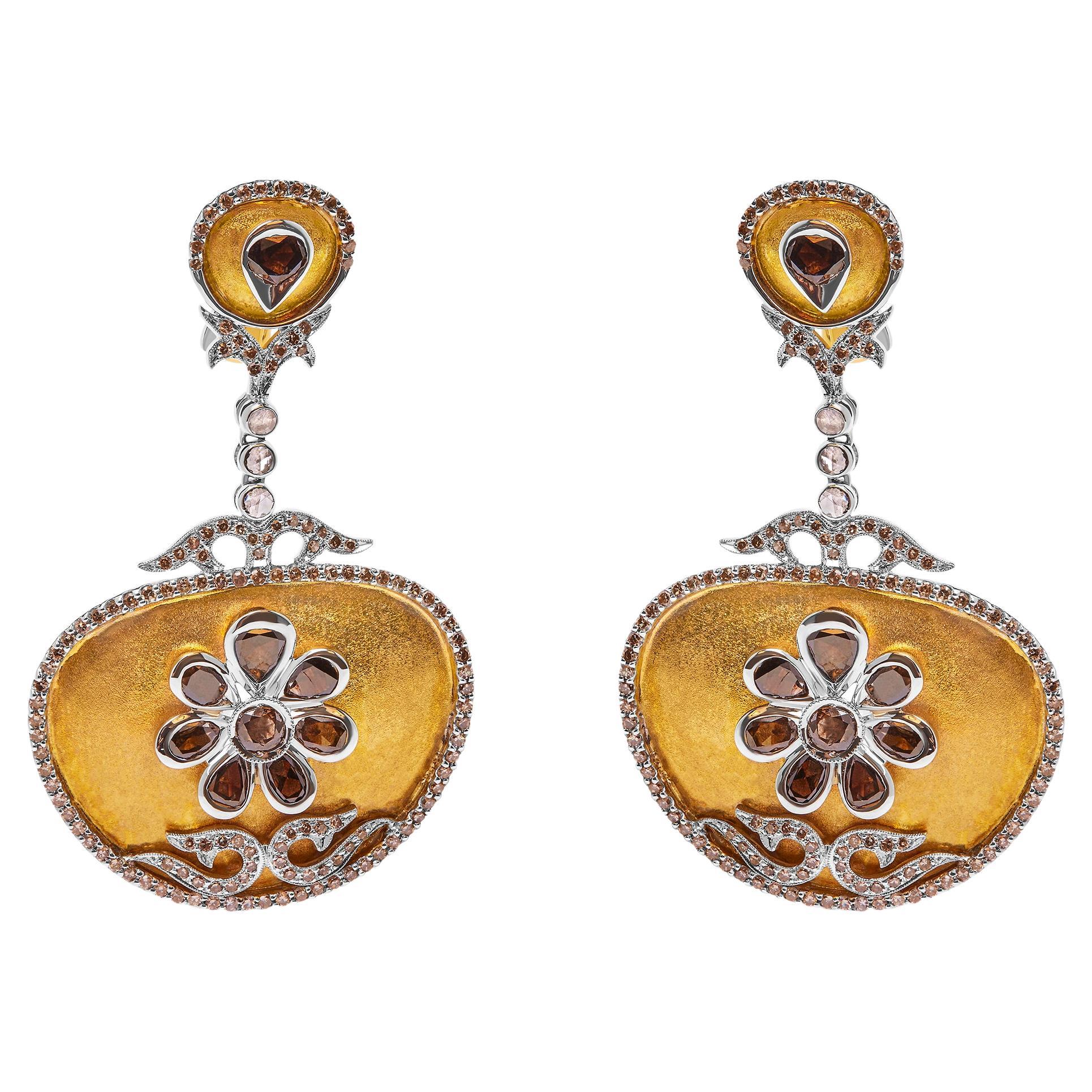 14K Two-Toned Gold 5 1/4 Carat Diamond Matte Finished Medallion Dangle Earring  For Sale