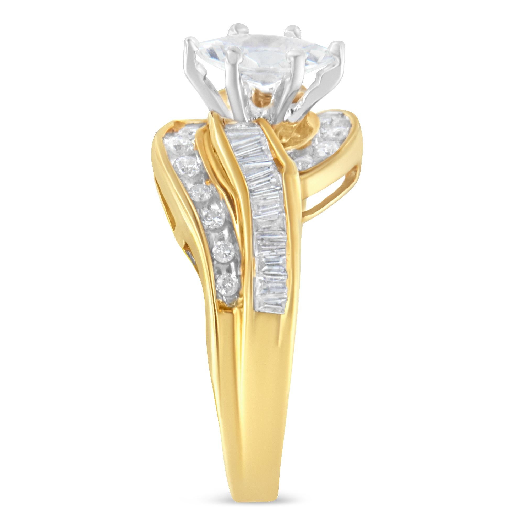 Marquise Cut 14K Two-Toned Gold Marquise, Baguette and Round Cut 1.0 Cttw Diamond Bypass Ring For Sale