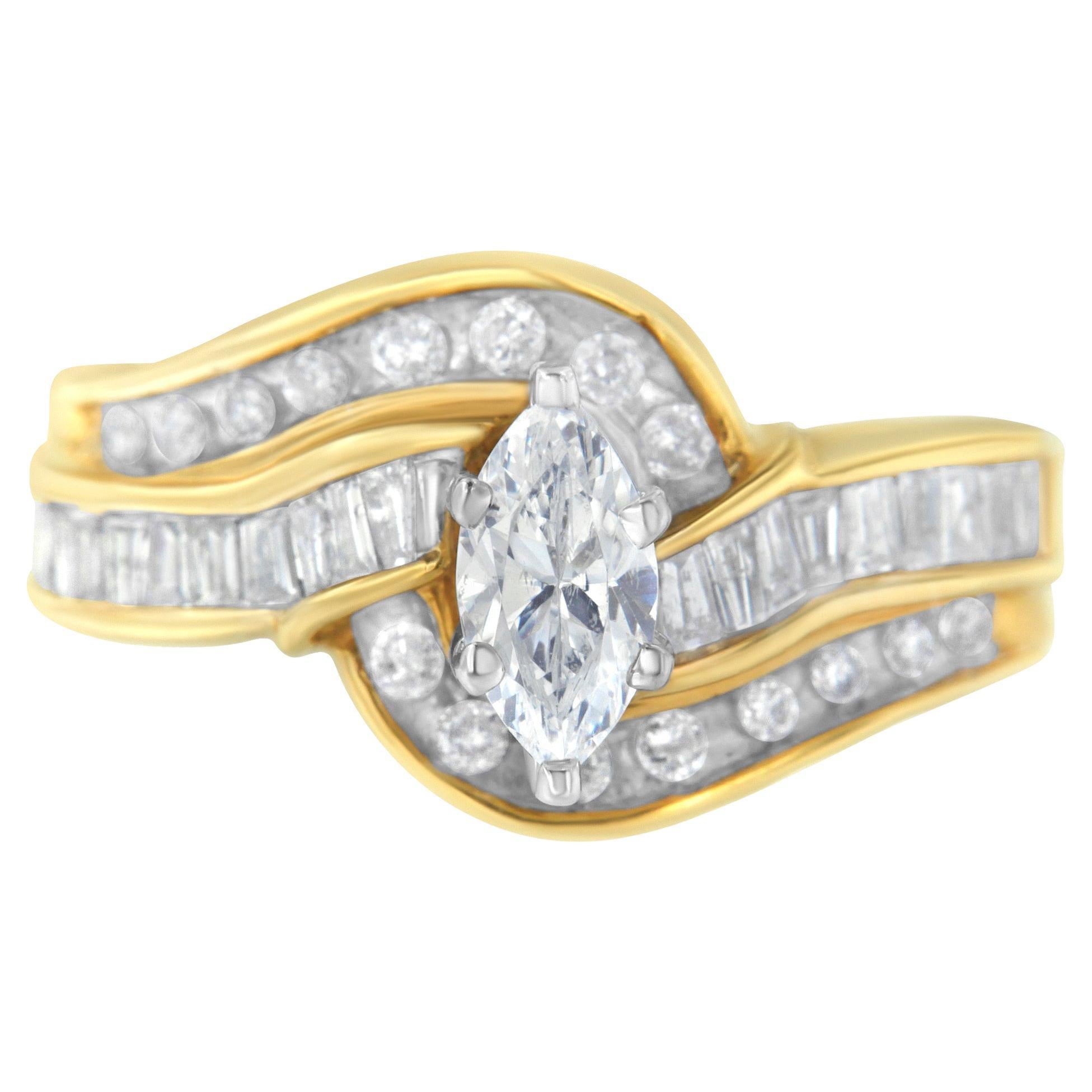 14K Two-Toned Gold Marquise, Baguette and Round Cut 1.0 Cttw Diamond Bypass Ring For Sale