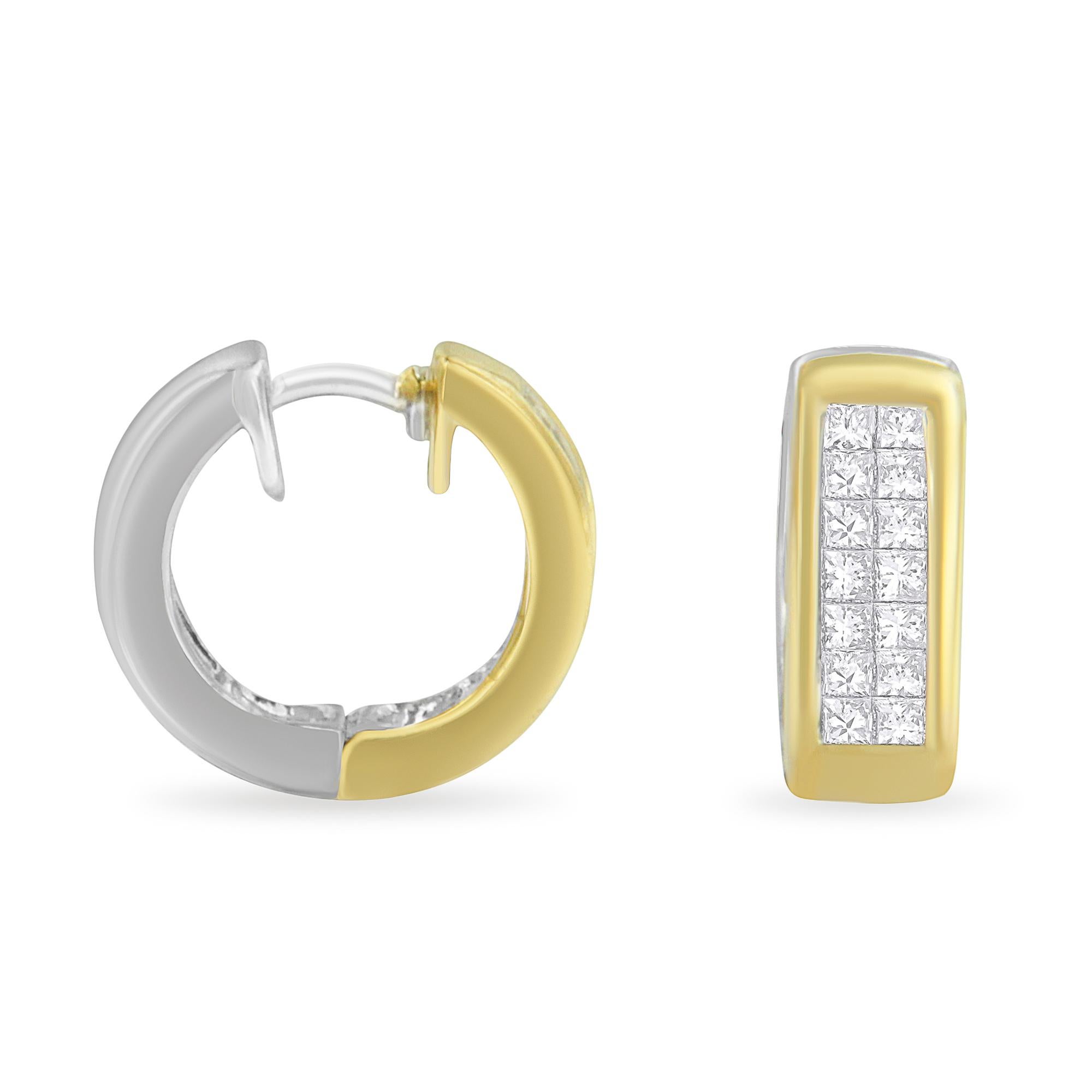 Beautifully crafted of high-quality 14-karat yellow gold, these stunning hoop earrings hold 0.5 carat of dazzling, round and princess cut diamonds. Polished to a high shine finish, these earrings secure with push-on-screw-off clasp. Wear it up for a