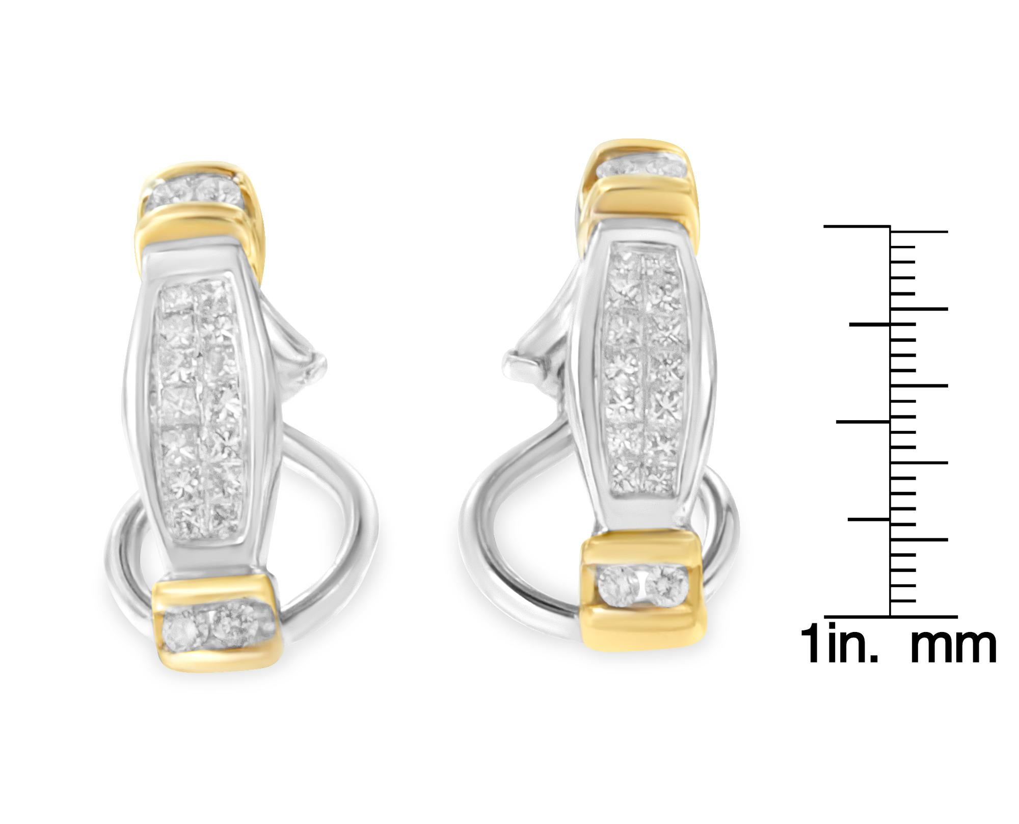 14K zweifarbige Ohrringe aus Gold mit runden und Diamanten im Prinzessinnenschliff (Rundschliff) im Angebot