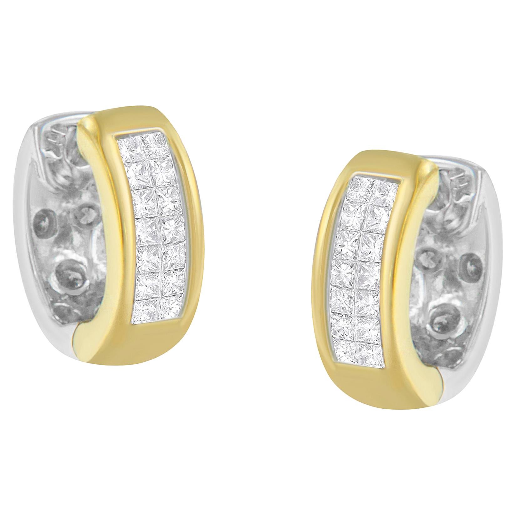 14K Two-Toned Gold Round and Princess-Cut Diamond Hoop Earrings