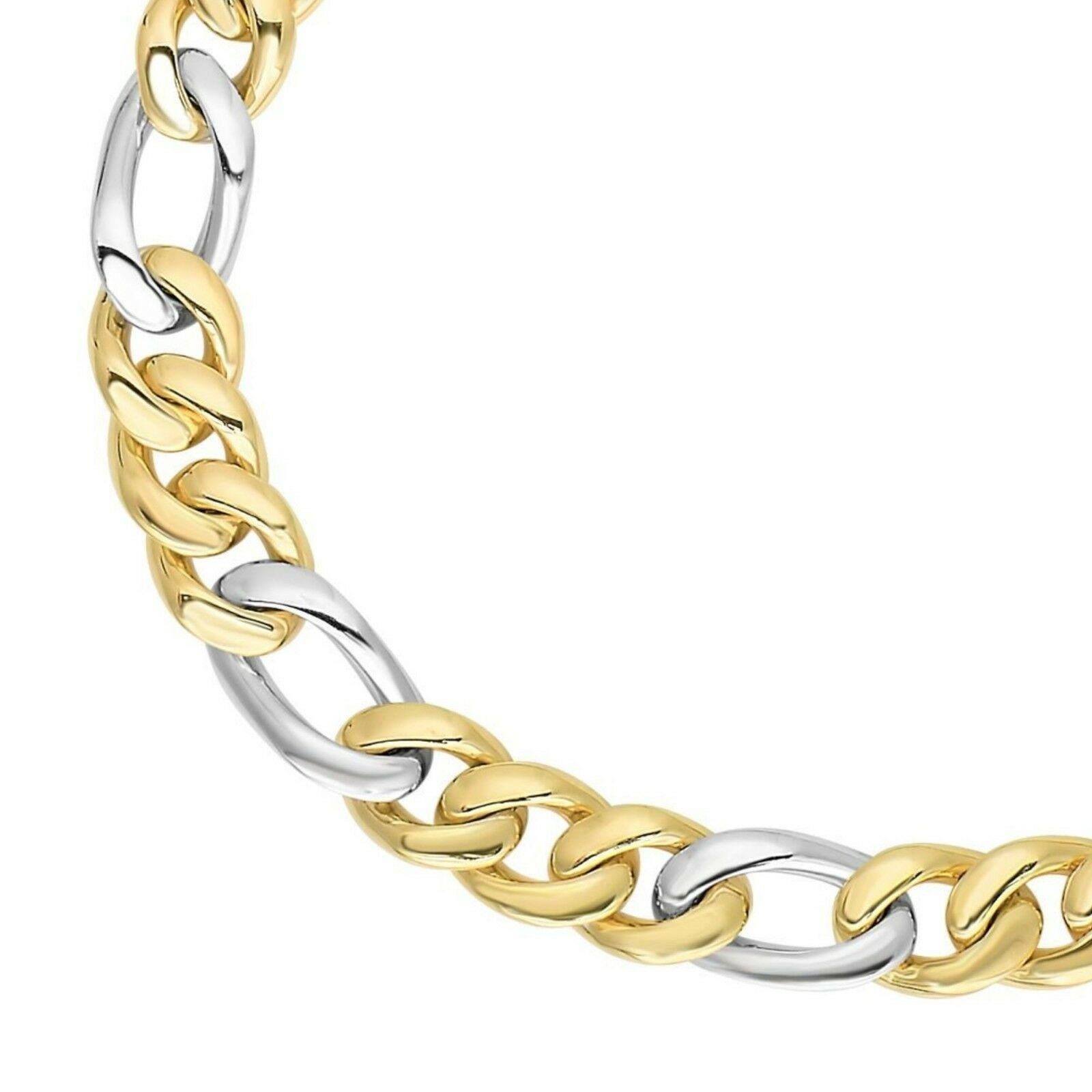 14 Karat Two-Toned Gold Soft Faceted Figaro Style Bracelet In New Condition For Sale In New York, NY
