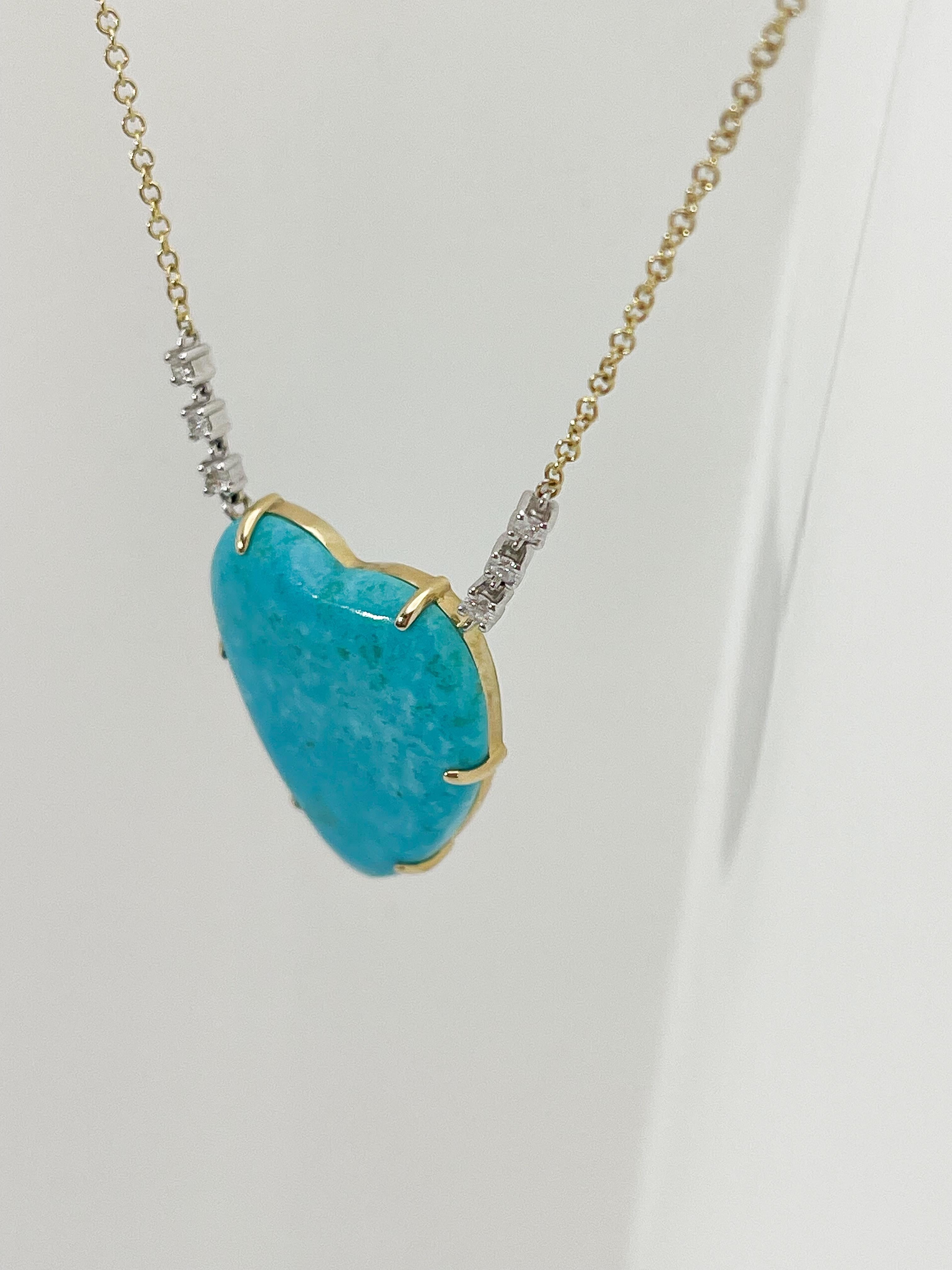 14K Two Toned Turquoise Heart and Diamond Necklace In New Condition For Sale In Stuart, FL