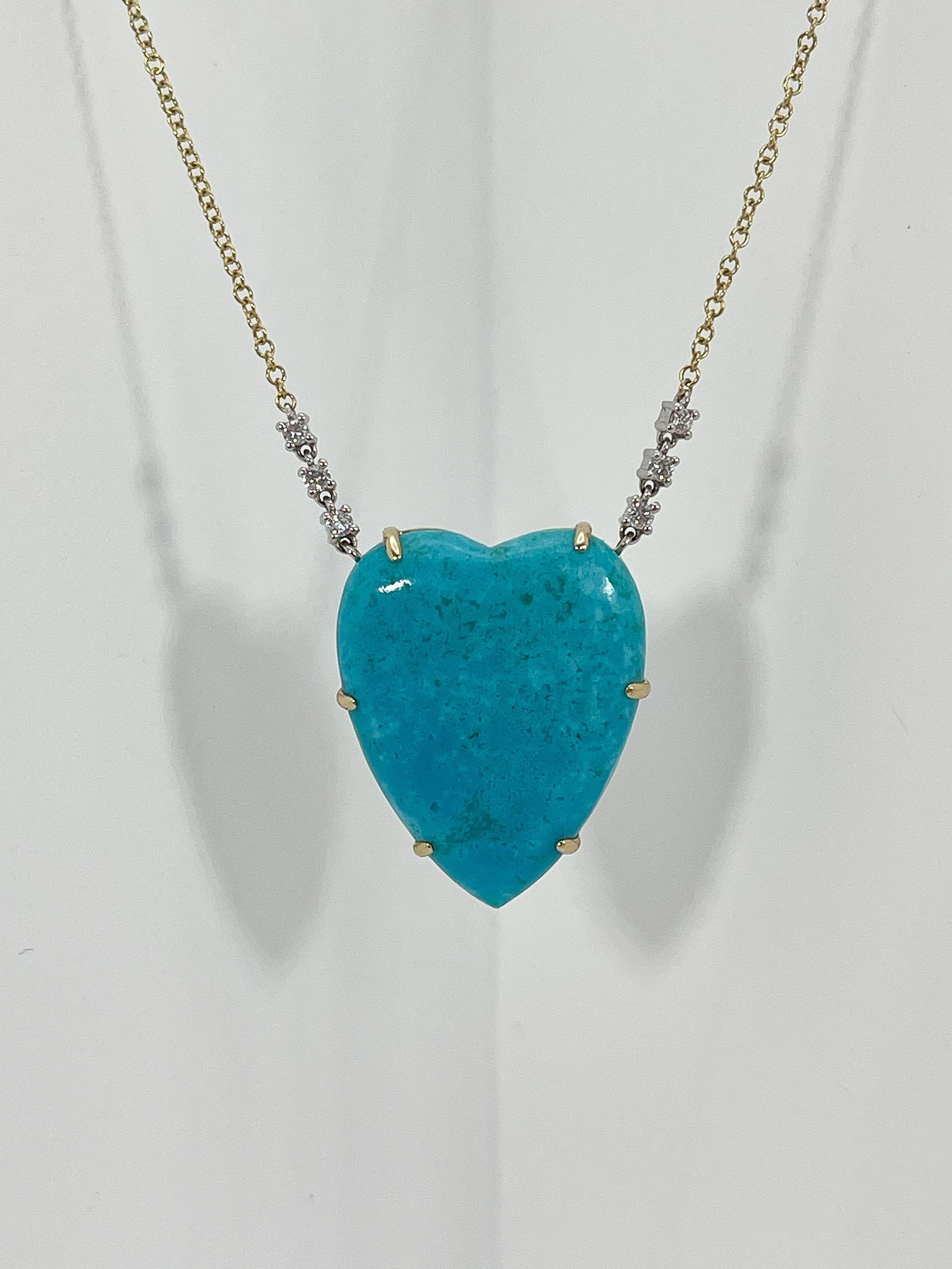 Heart Cut 14K Two Toned Turquoise Heart and Diamond Necklace For Sale