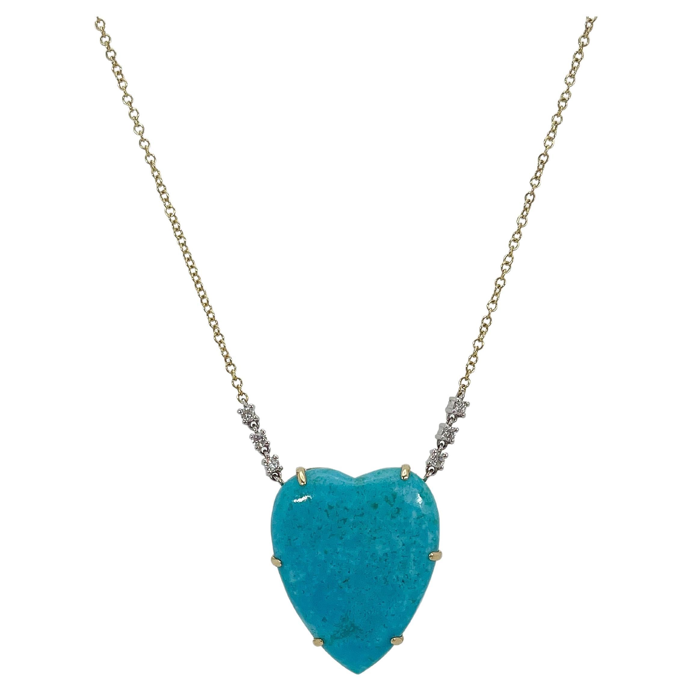 14K Two Toned Turquoise Heart and Diamond Necklace For Sale