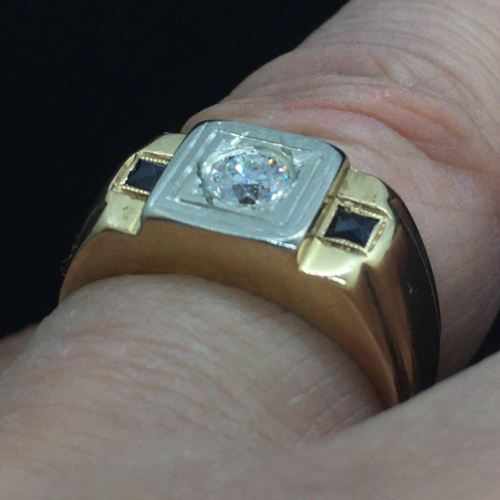 Women's 14K Unisex Two Tone Gold Old European Cut Diamond Sapphire Ring Art Deco 1920s For Sale
