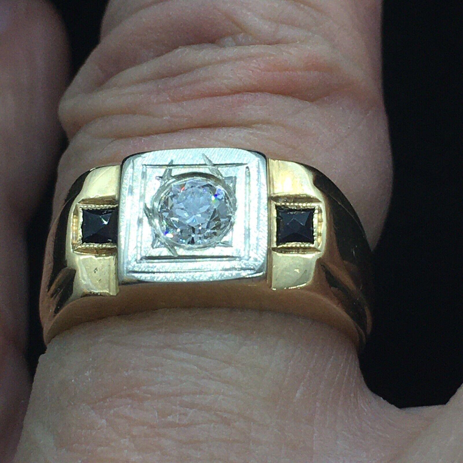 14K Unisex Two Tone Gold Old European Cut Diamond Sapphire Ring Art Deco 1920s For Sale 1