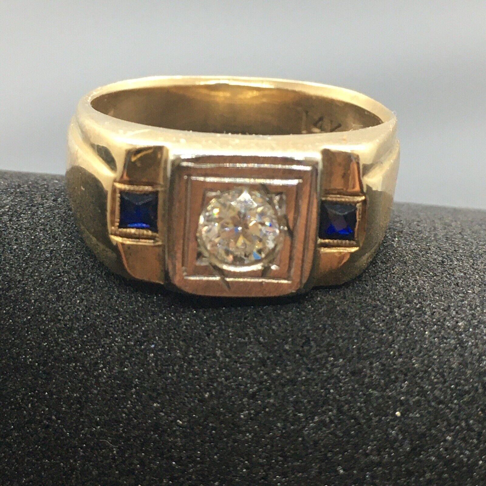 14K Unisex Two Tone Gold Old European Cut Diamond Sapphire Ring Art Deco 1920s For Sale 2