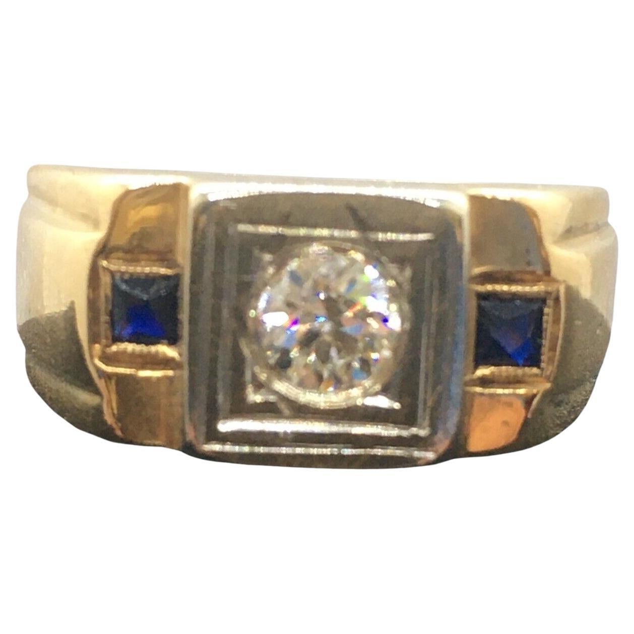 14K Unisex Two Tone Gold Old European Cut Diamond Sapphire Ring Art Deco 1920s For Sale