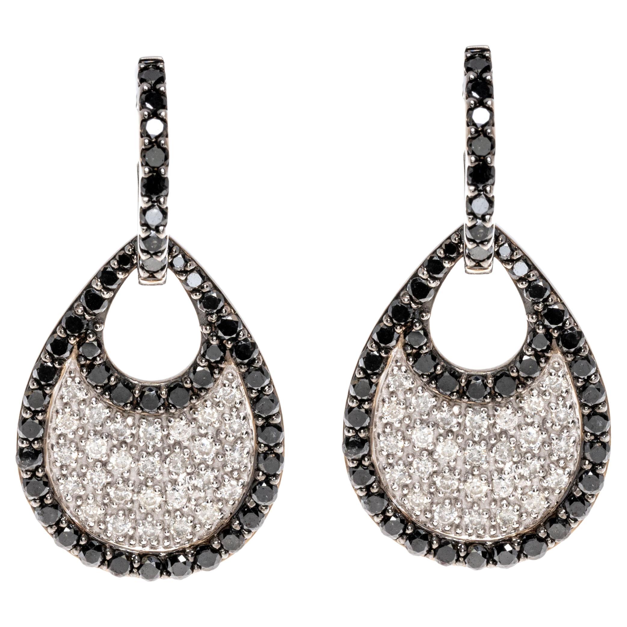 14k Versatile Black and White Pave Diamond Tapered Pendant Earrings, 2.92 TCW For Sale