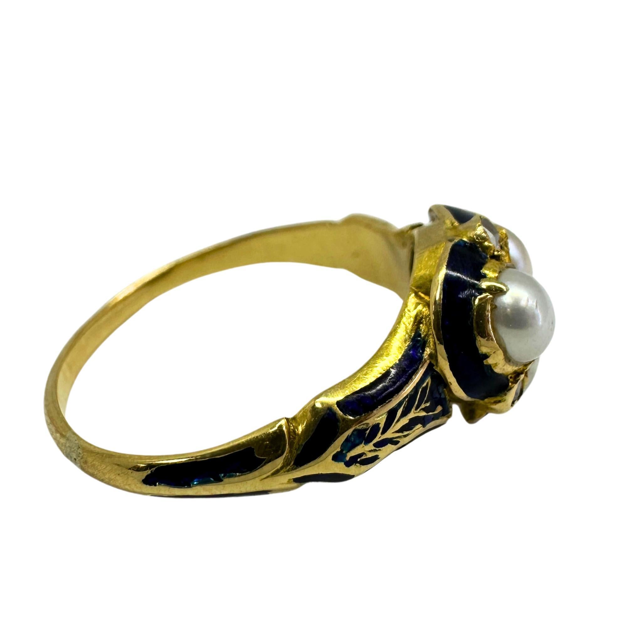 Round Cut 14k Victorian Diamond, Pearl and Blue Enamel Trefoil Ring