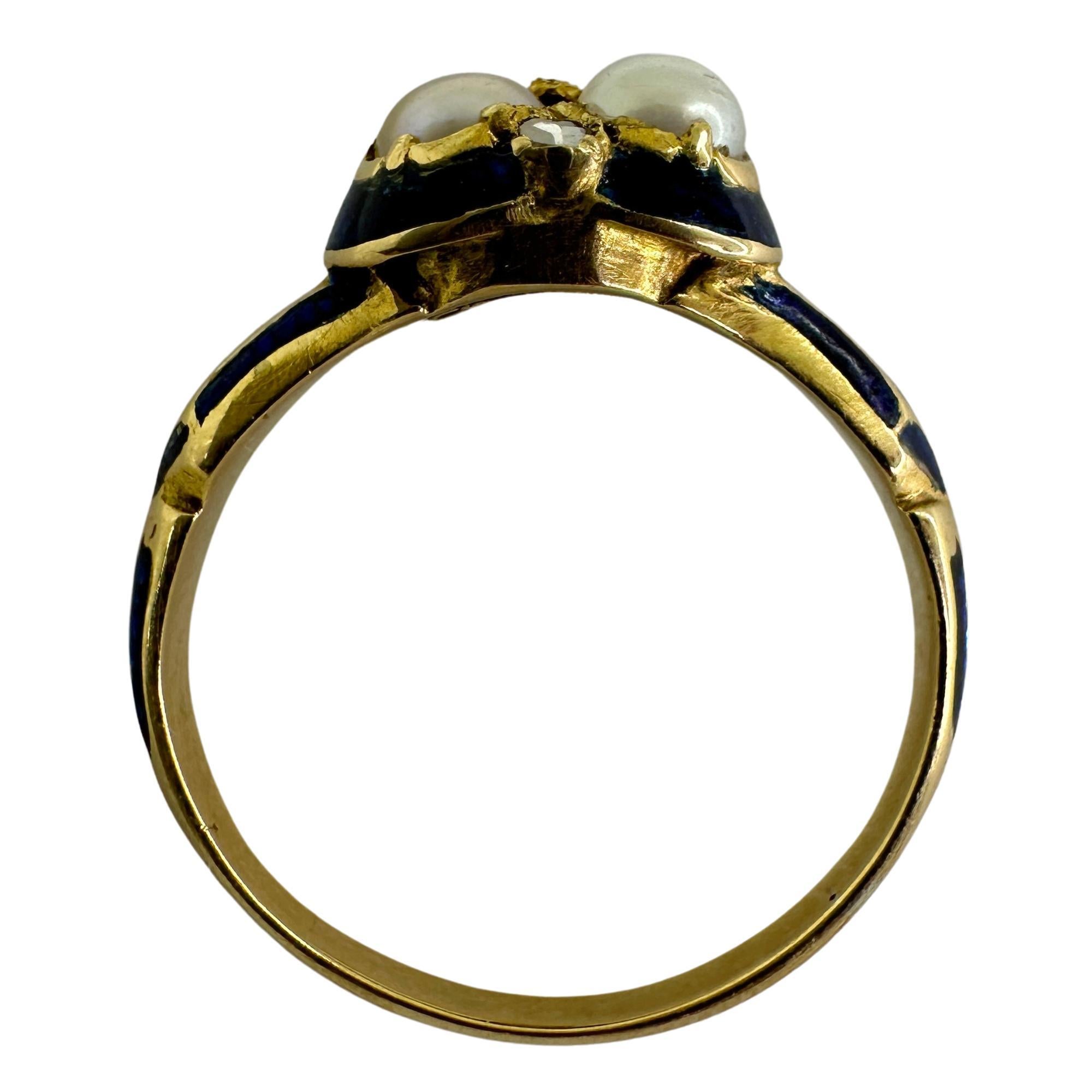 Women's 14k Victorian Diamond, Pearl and Blue Enamel Trefoil Ring