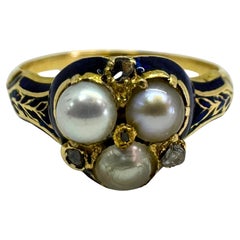 14k Victorian Diamond, Pearl and Blue Enamel Trefoil Ring