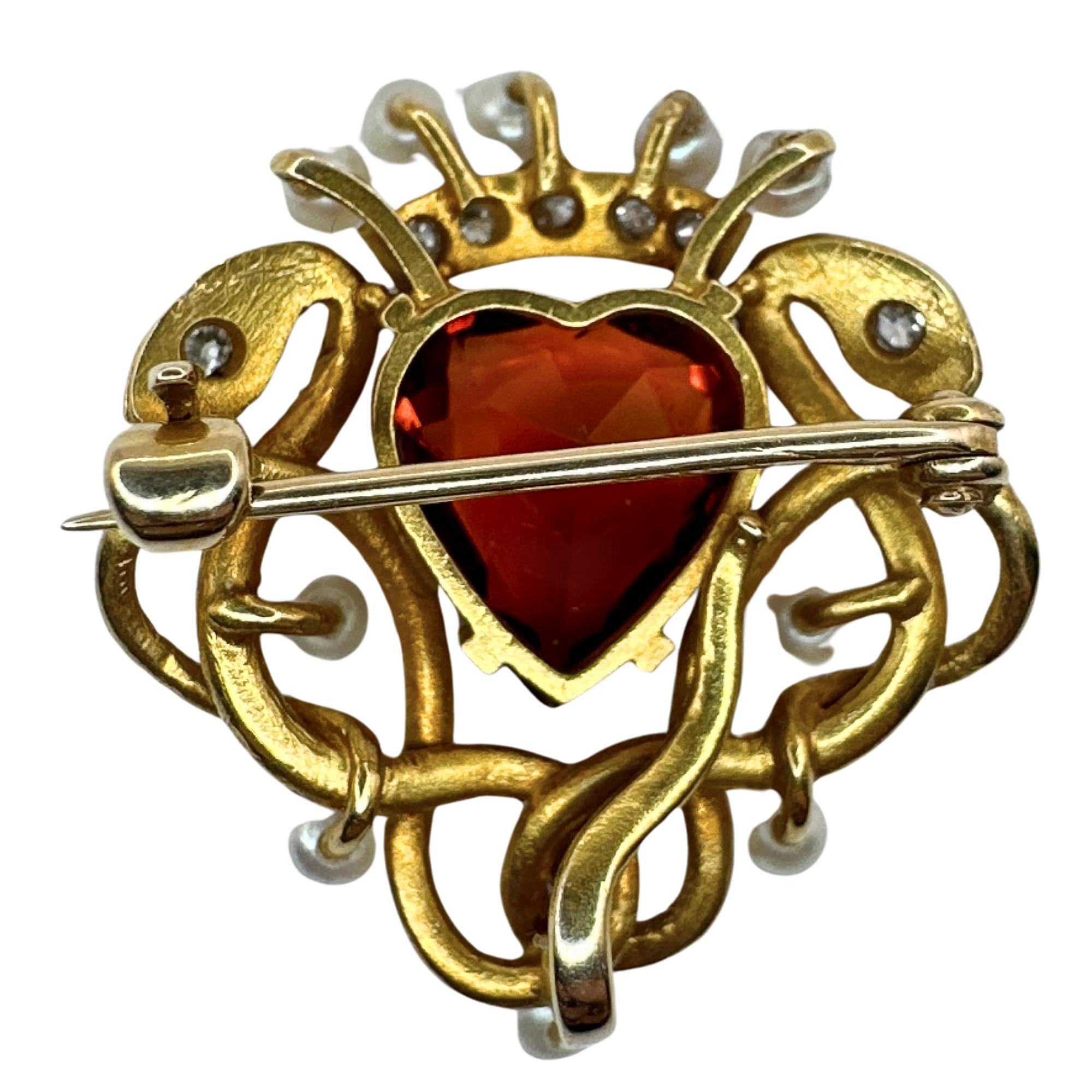 Heart Cut 14k Victorian Double Serpent, Diamond, Gemstone, and Pearl Pin For Sale