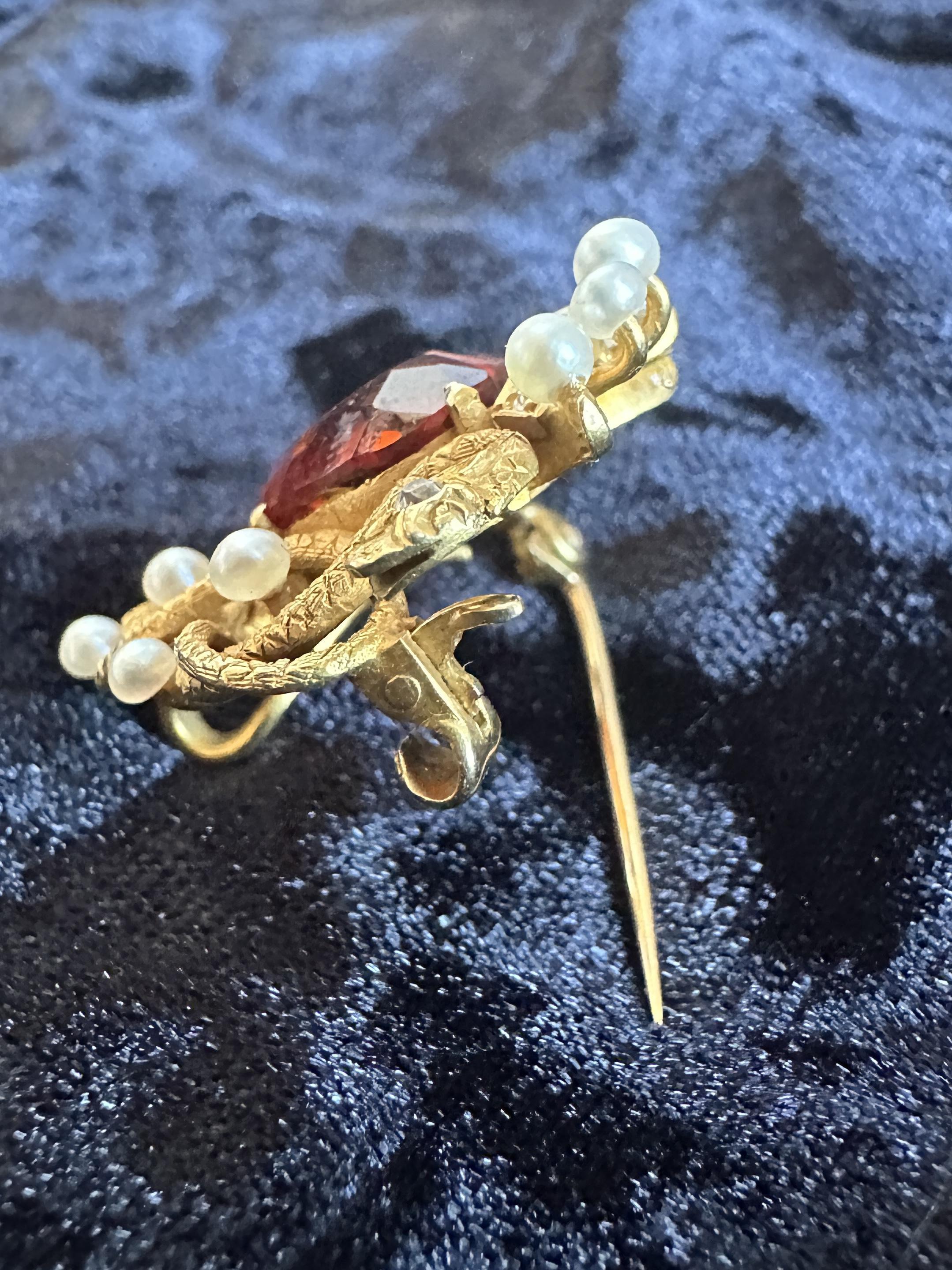 14k Victorian Double Serpent, Diamond, Gemstone, and Pearl Pin For Sale 2