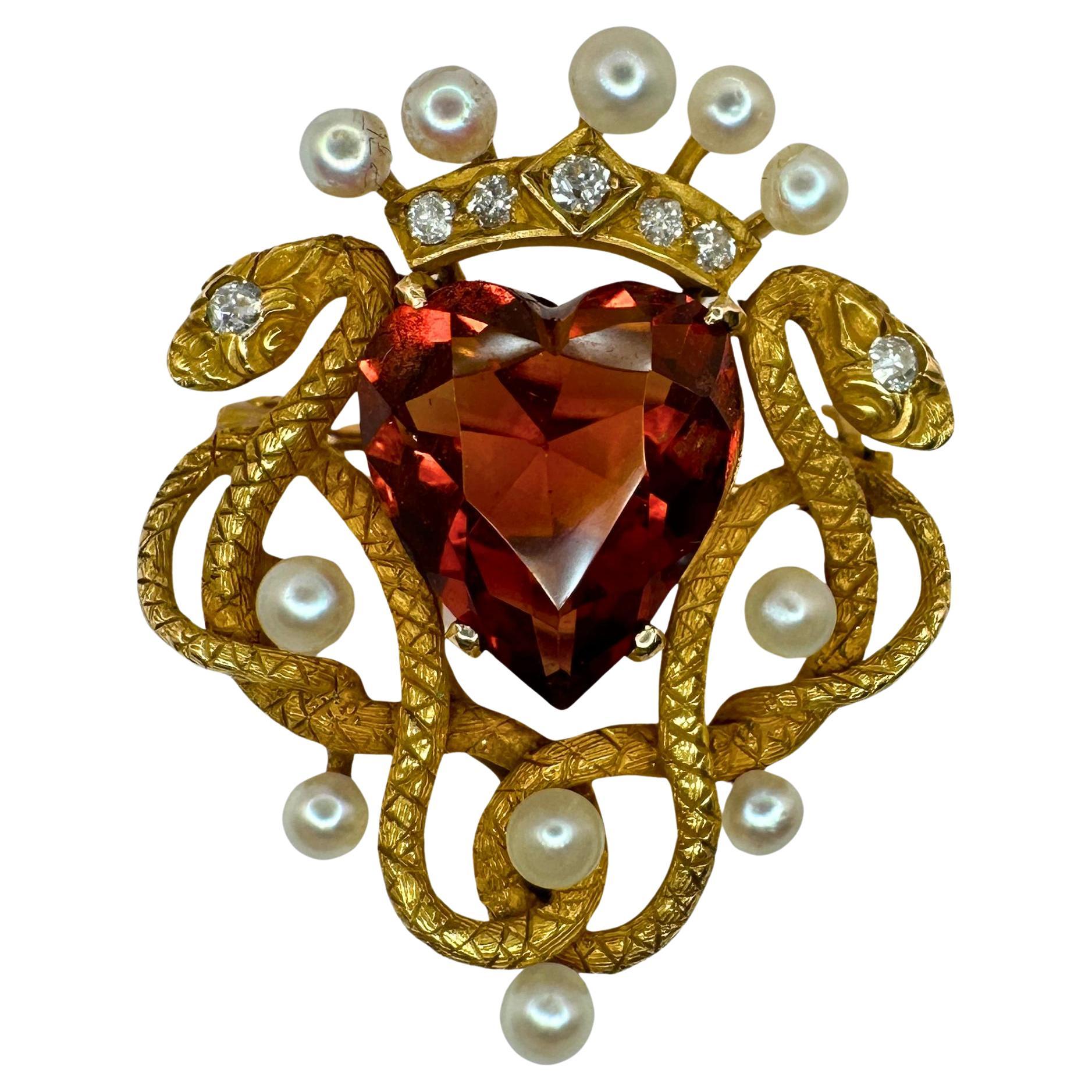 Épingle victorienne 14 carats à double serpent, diamant, pierre précieuse et perle