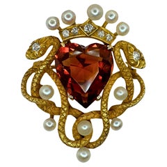 14k Viktorianische Doppelschlange, Diamant, Edelstein und Perle Pin
