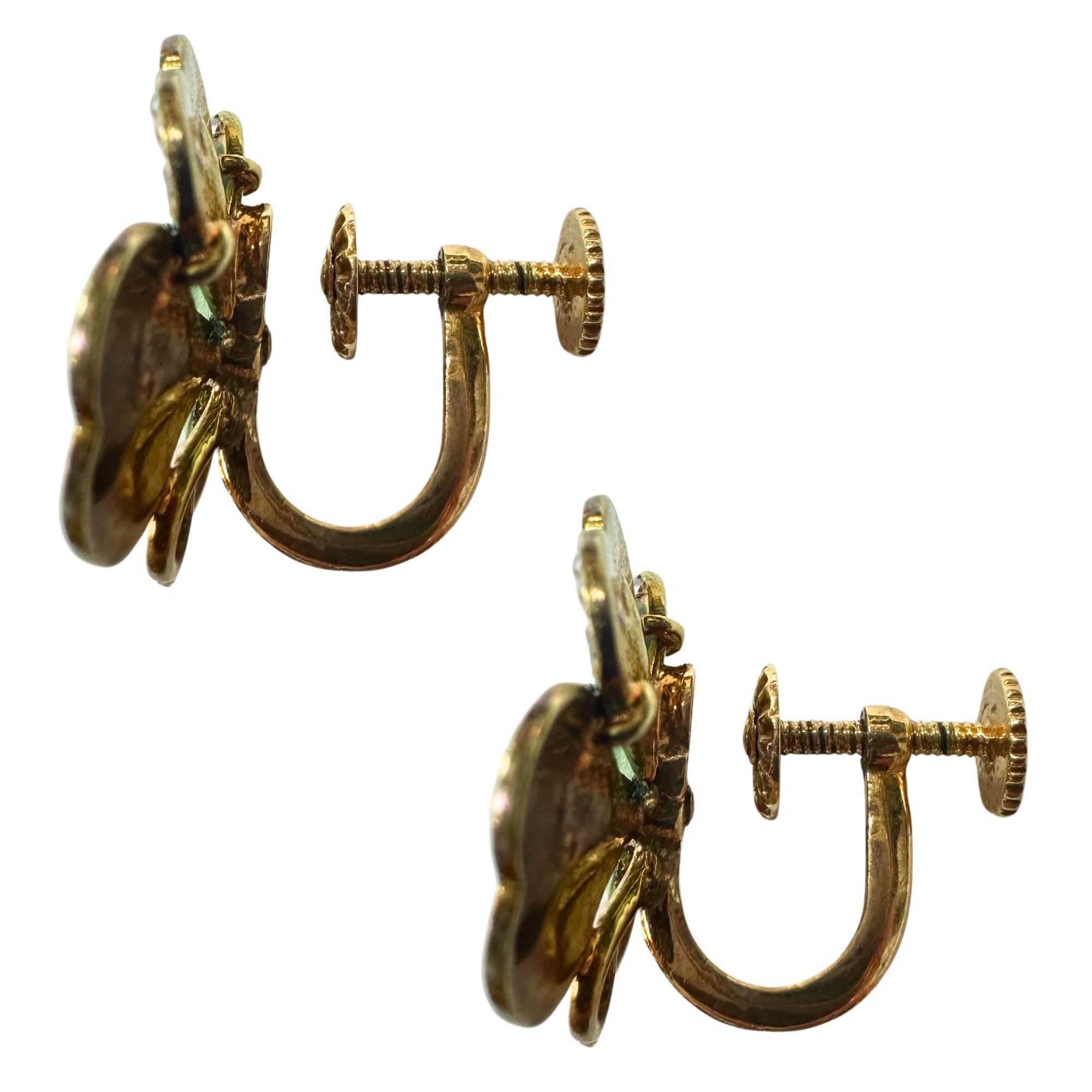 14k Victorian Enamel and Seed Pearl 4 Leaf Clover Ear Clips In Good Condition In New York, NY