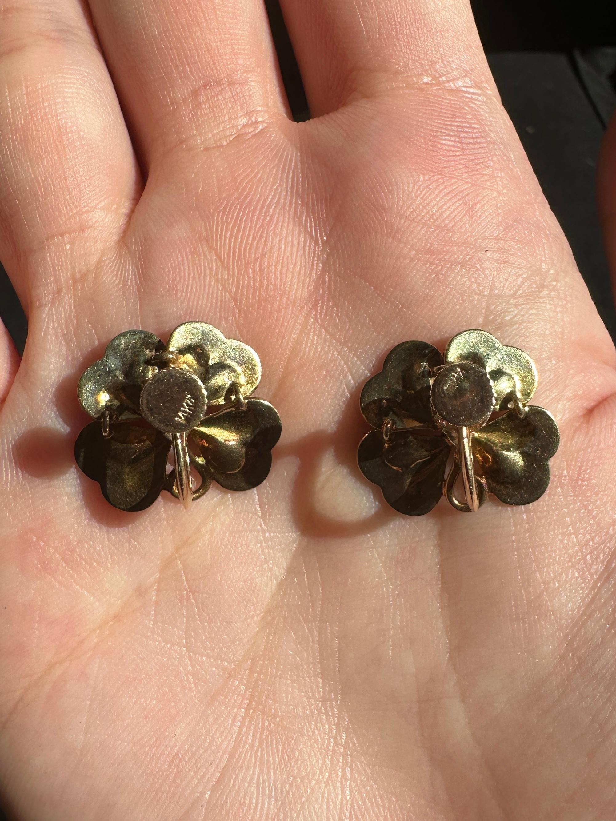 Women's 14k Victorian Enamel and Seed Pearl 4 Leaf Clover Ear Clips For Sale