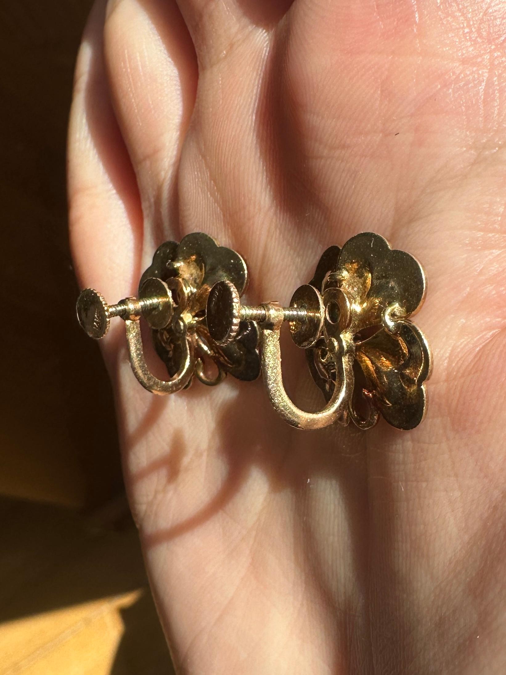 14k Victorian Enamel and Seed Pearl 4 Leaf Clover Ear Clips 1