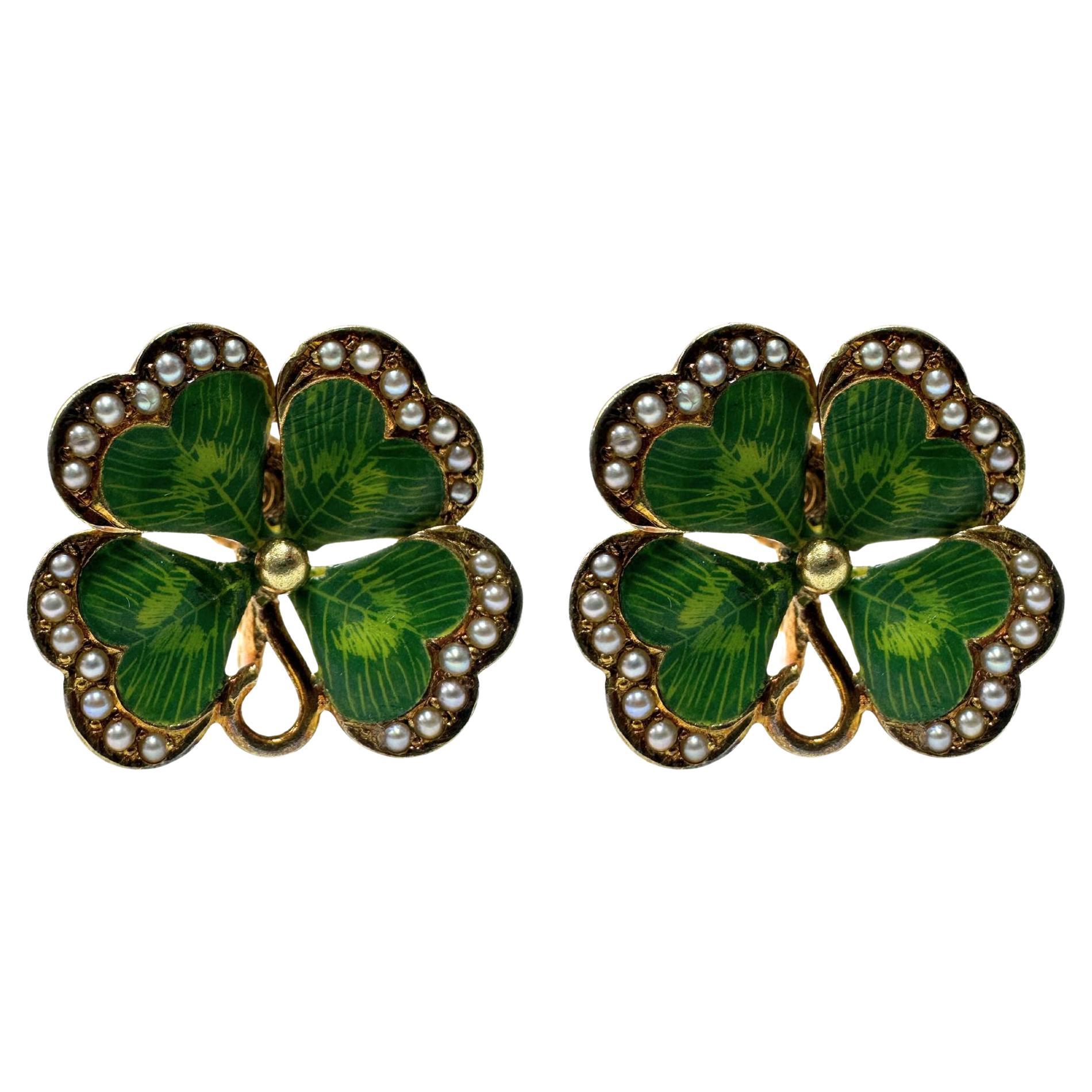 14k Victorian Enamel and Seed Pearl 4 Leaf Clover Ear Clips For Sale