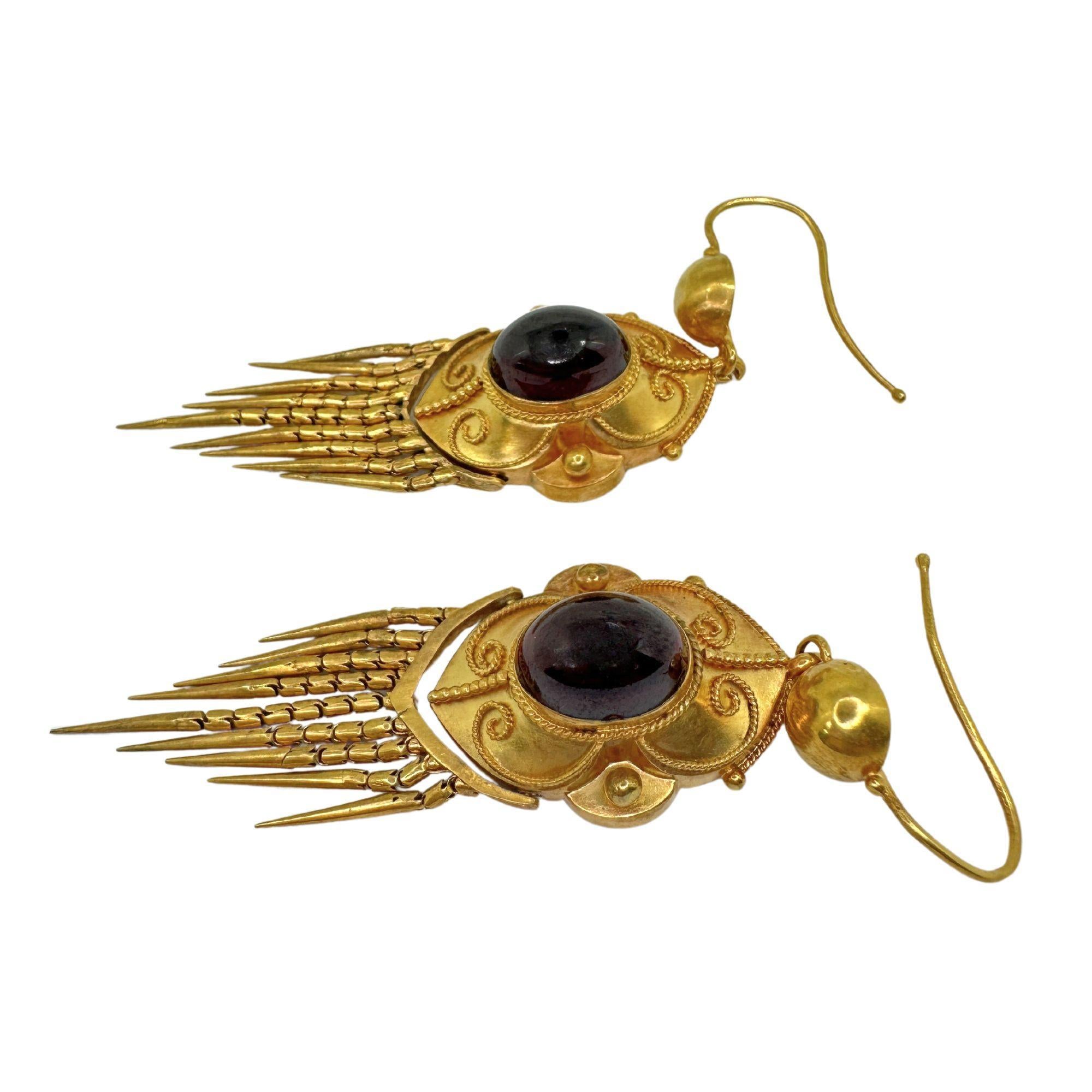 Cabochon 14k Victorian Gold and Garnet Tassel Earrings For Sale