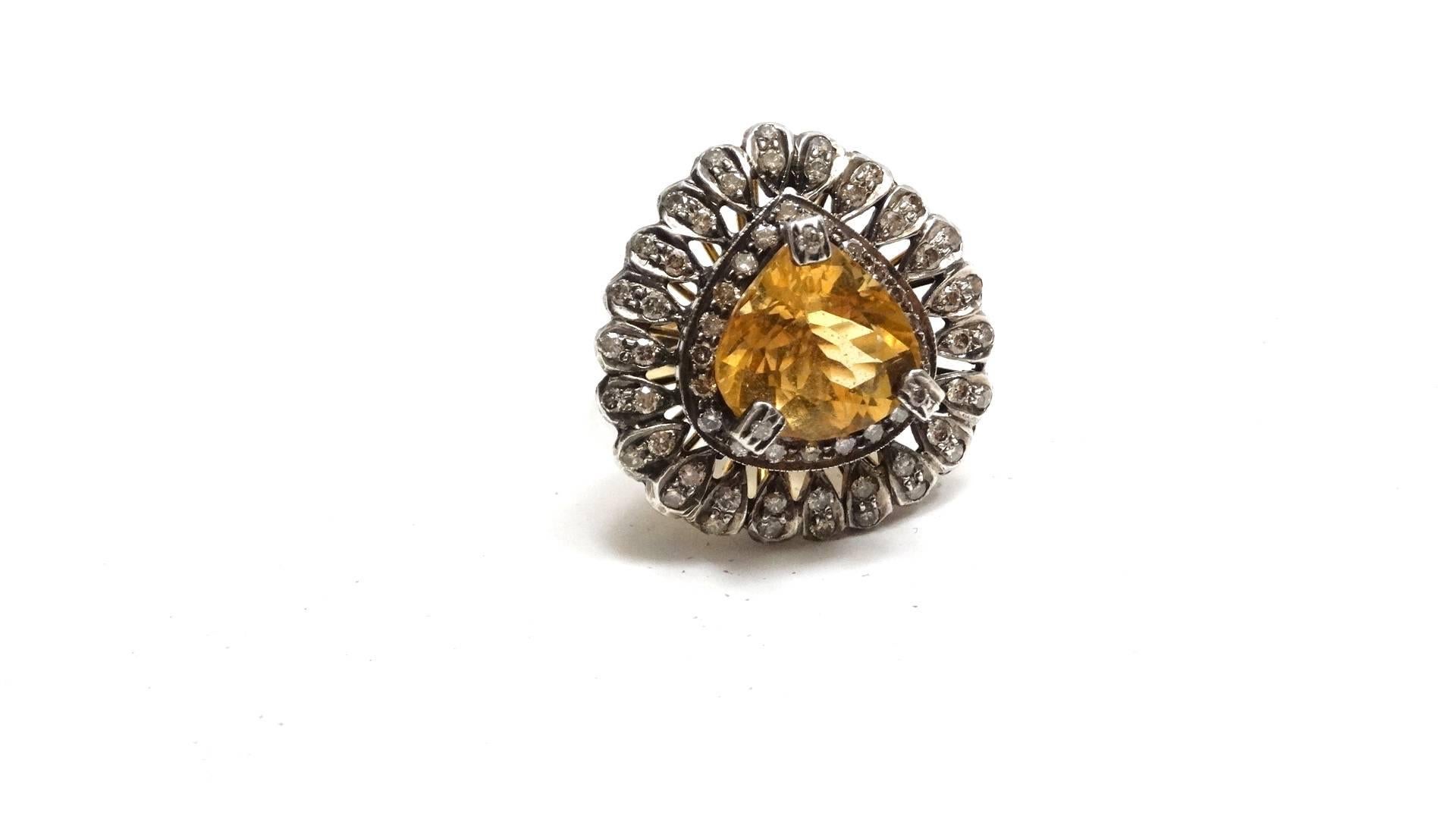 Pear Cut 14k Victorian Gold Citrine Diamond Cocktail Ring  For Sale