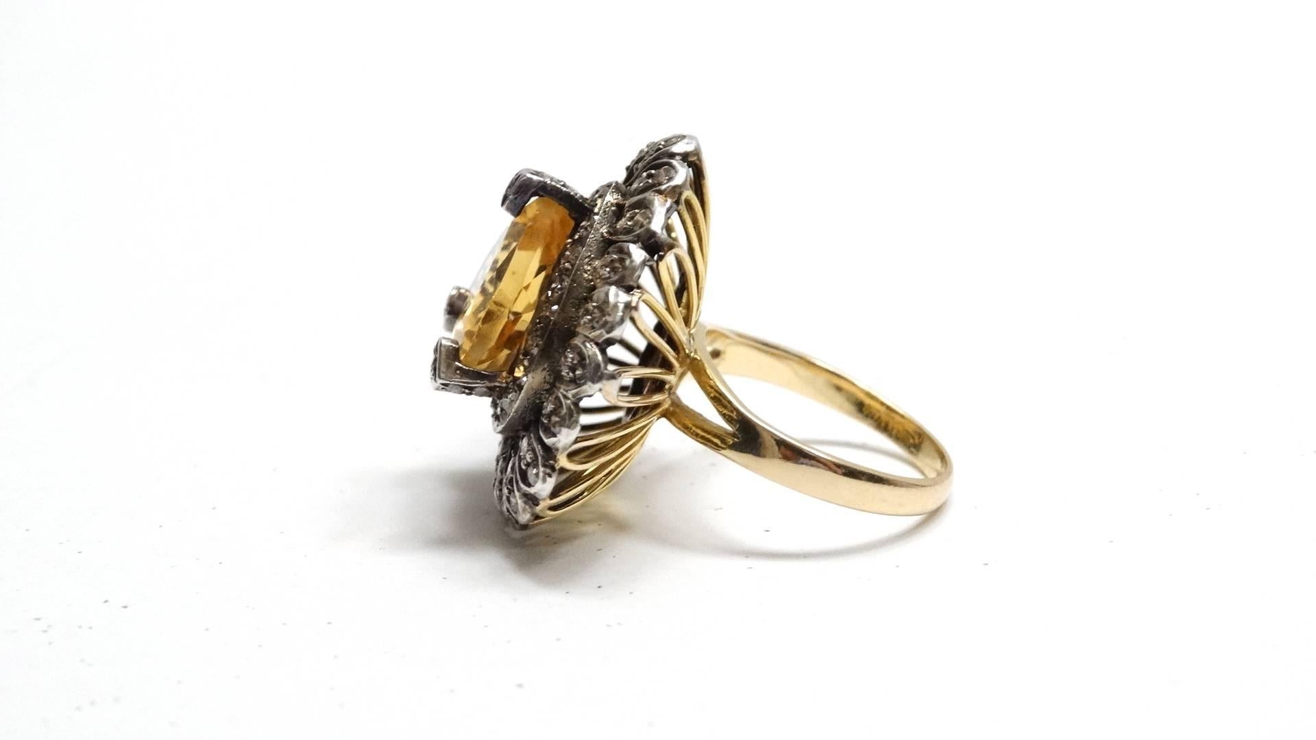 Women's or Men's 14k Victorian Gold Citrine Diamond Cocktail Ring  For Sale