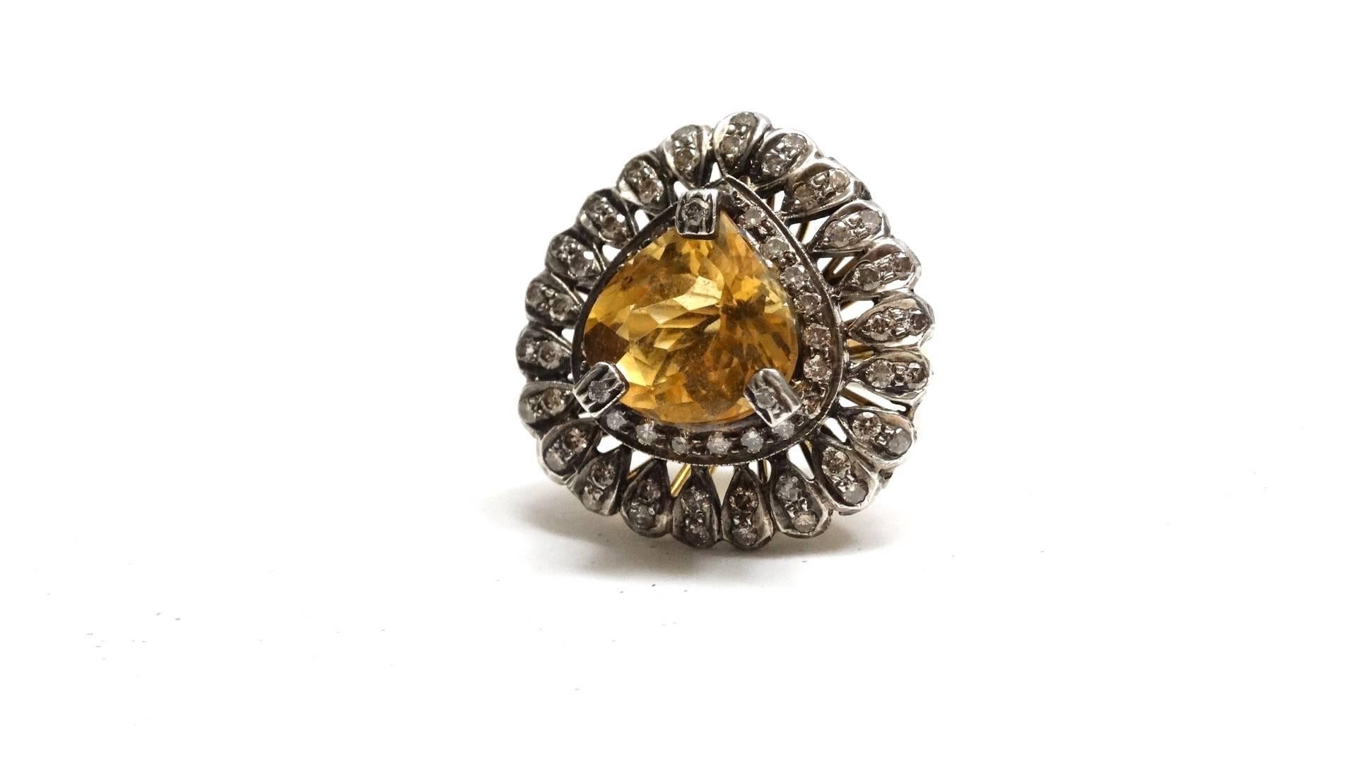 14k Victorian Gold Citrine Diamond Cocktail Ring  For Sale 1