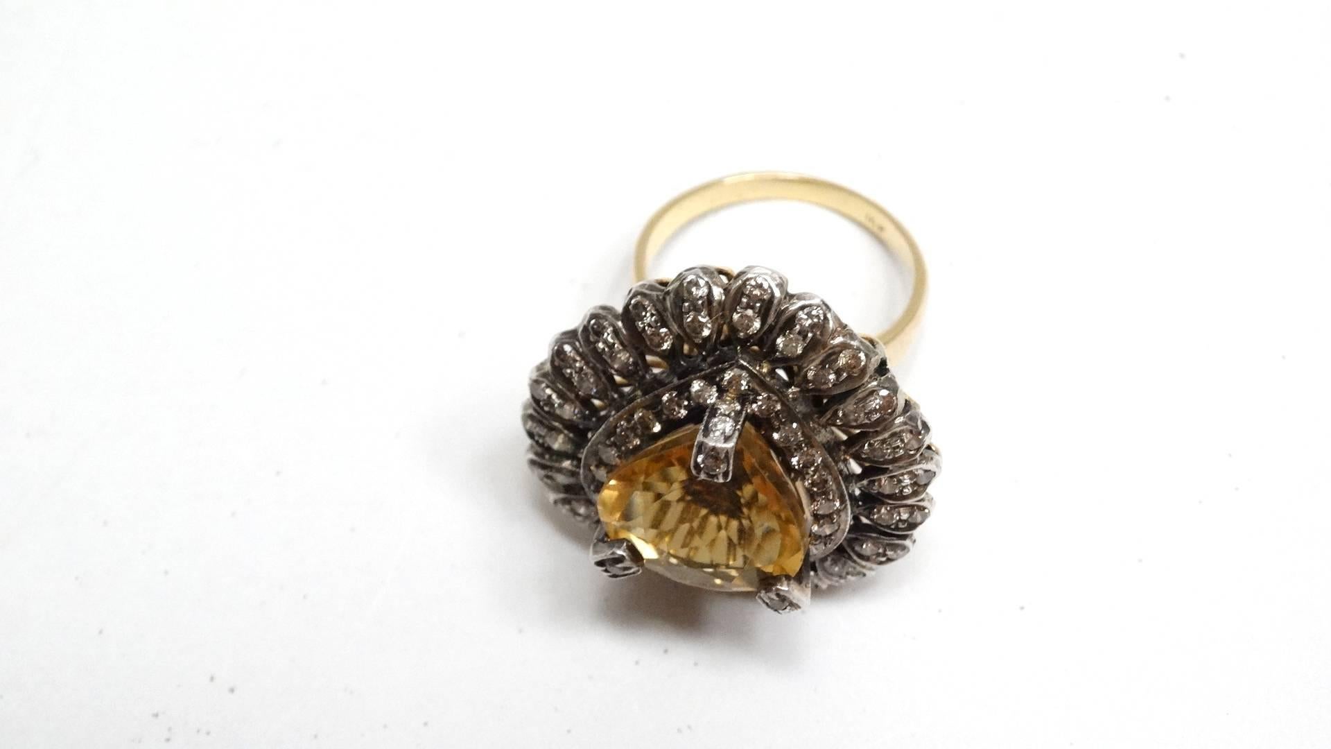 14k Victorian Gold Citrine Diamond Cocktail Ring  For Sale 2