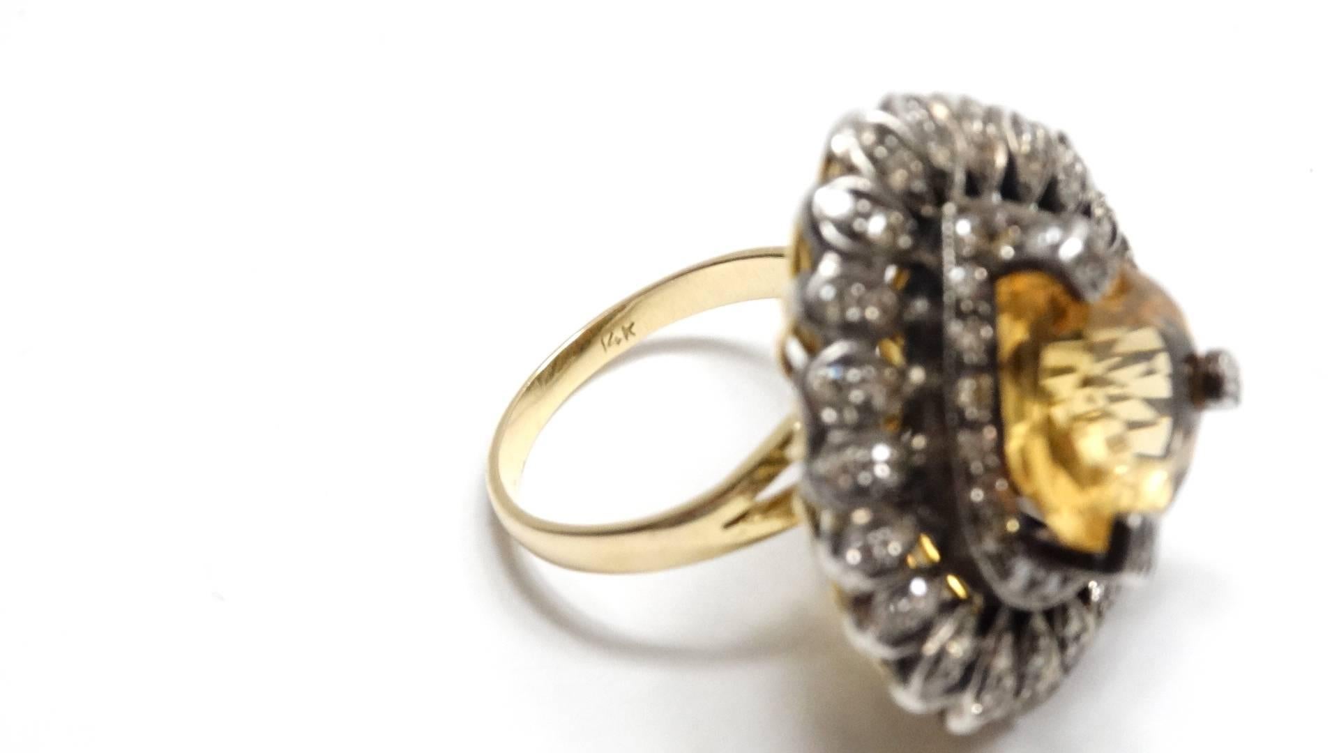 14k Victorian Gold Citrine Diamond Cocktail Ring  For Sale 3