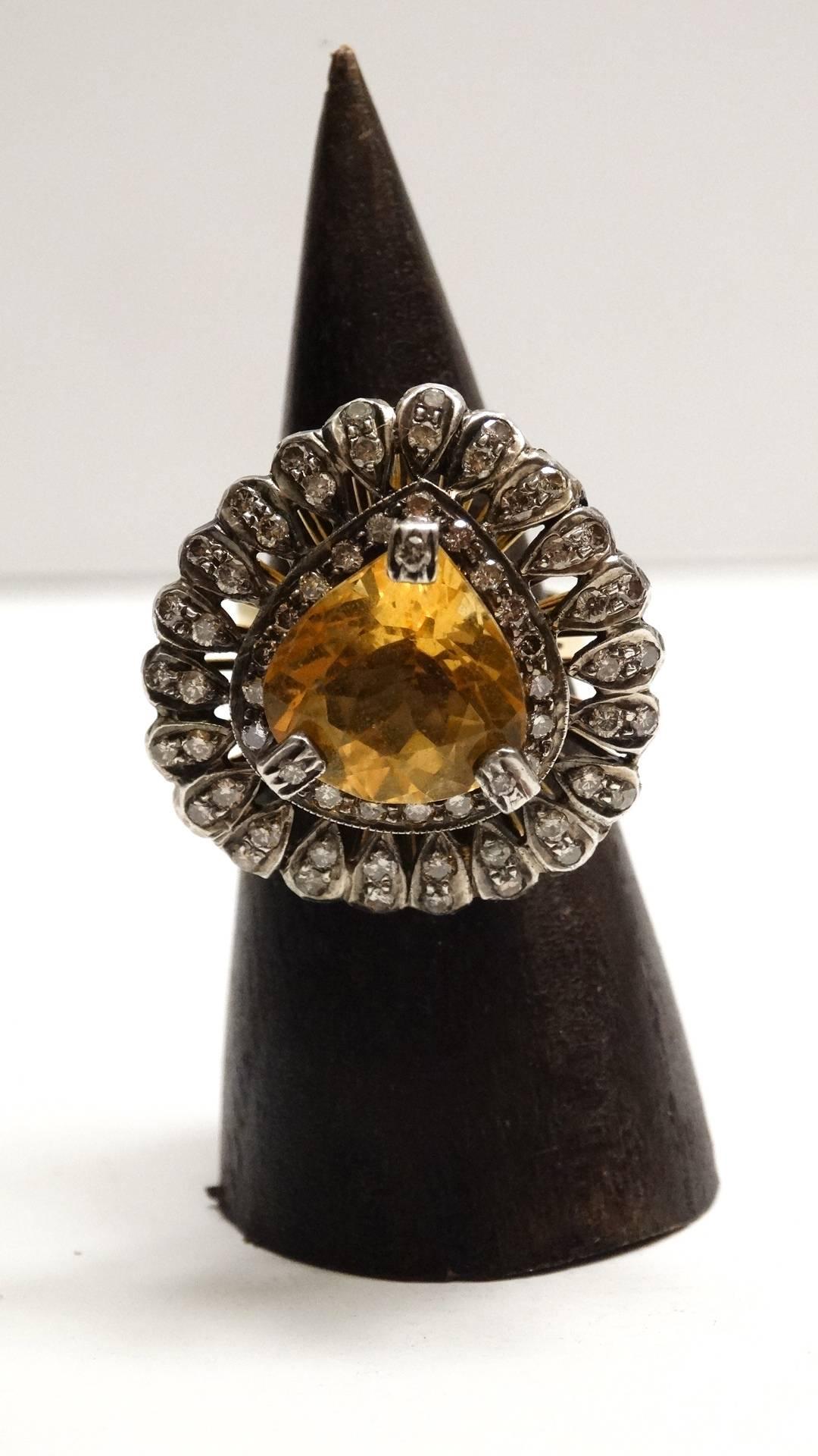 14k Victorian Gold Citrine Diamond Cocktail Ring  For Sale 4