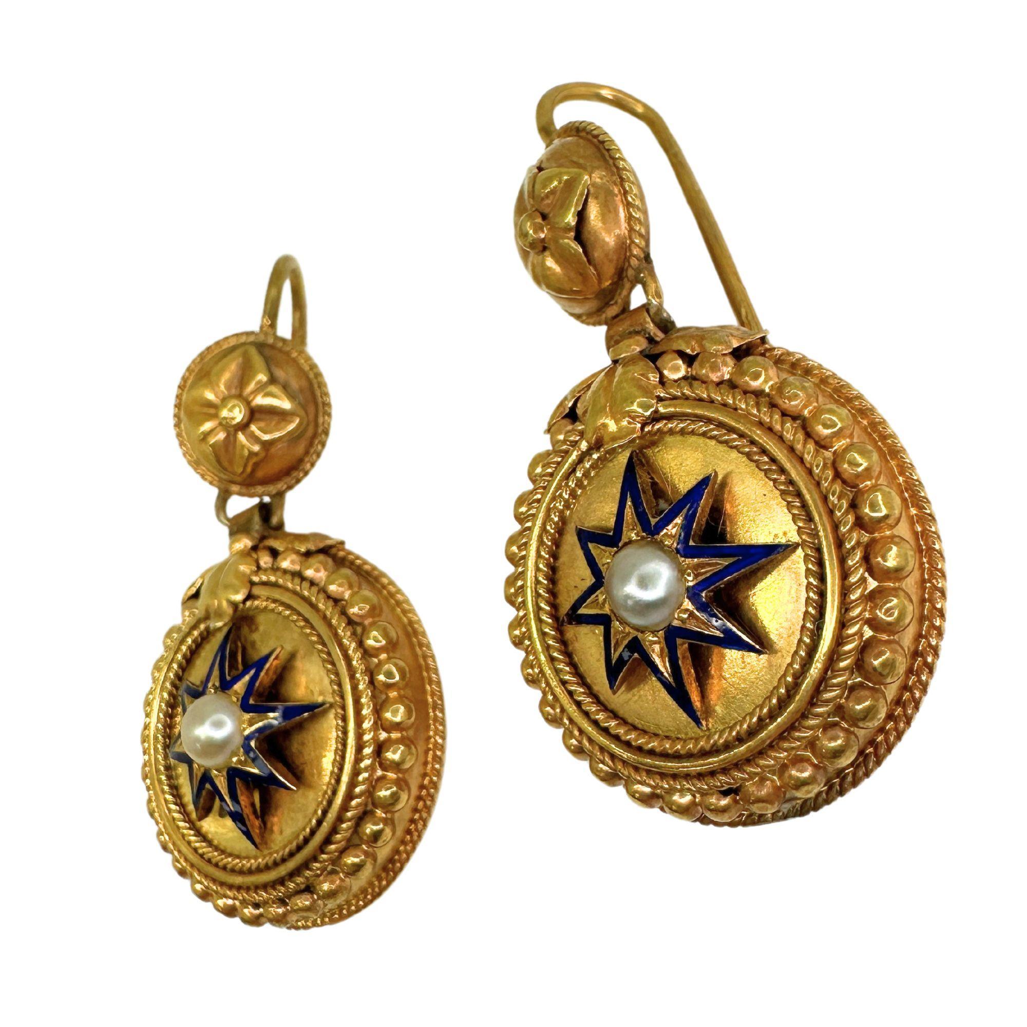 Round Cut 14k Victorian Pearl and Blue Enamel Drop Earrings For Sale