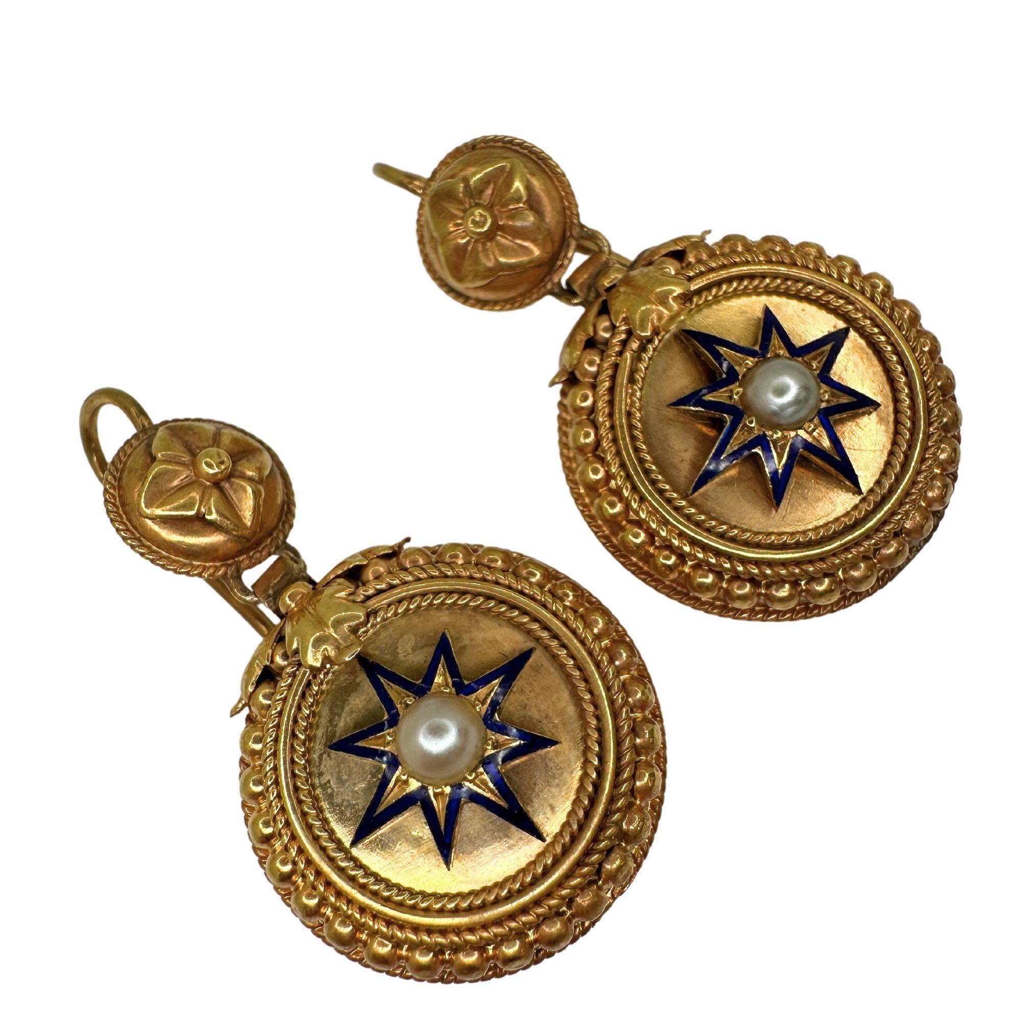 14k Victorian Pearl and Blue Enamel Drop Earrings In Good Condition For Sale In New York, NY