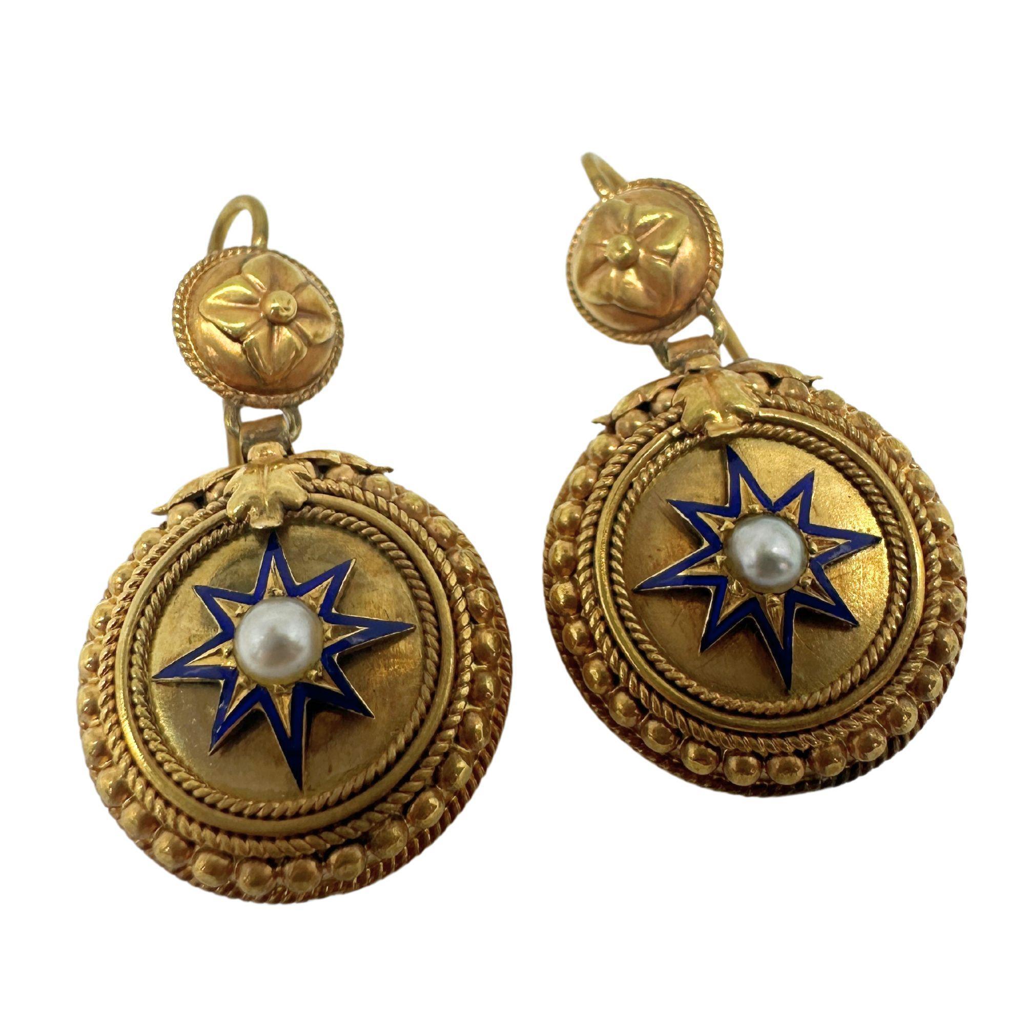 Women's 14k Victorian Pearl and Blue Enamel Drop Earrings For Sale