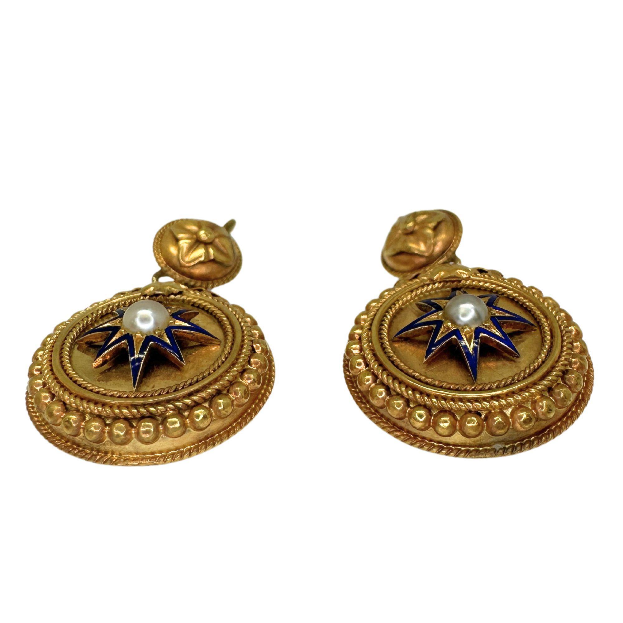14k Victorian Pearl and Blue Enamel Drop Earrings For Sale 1