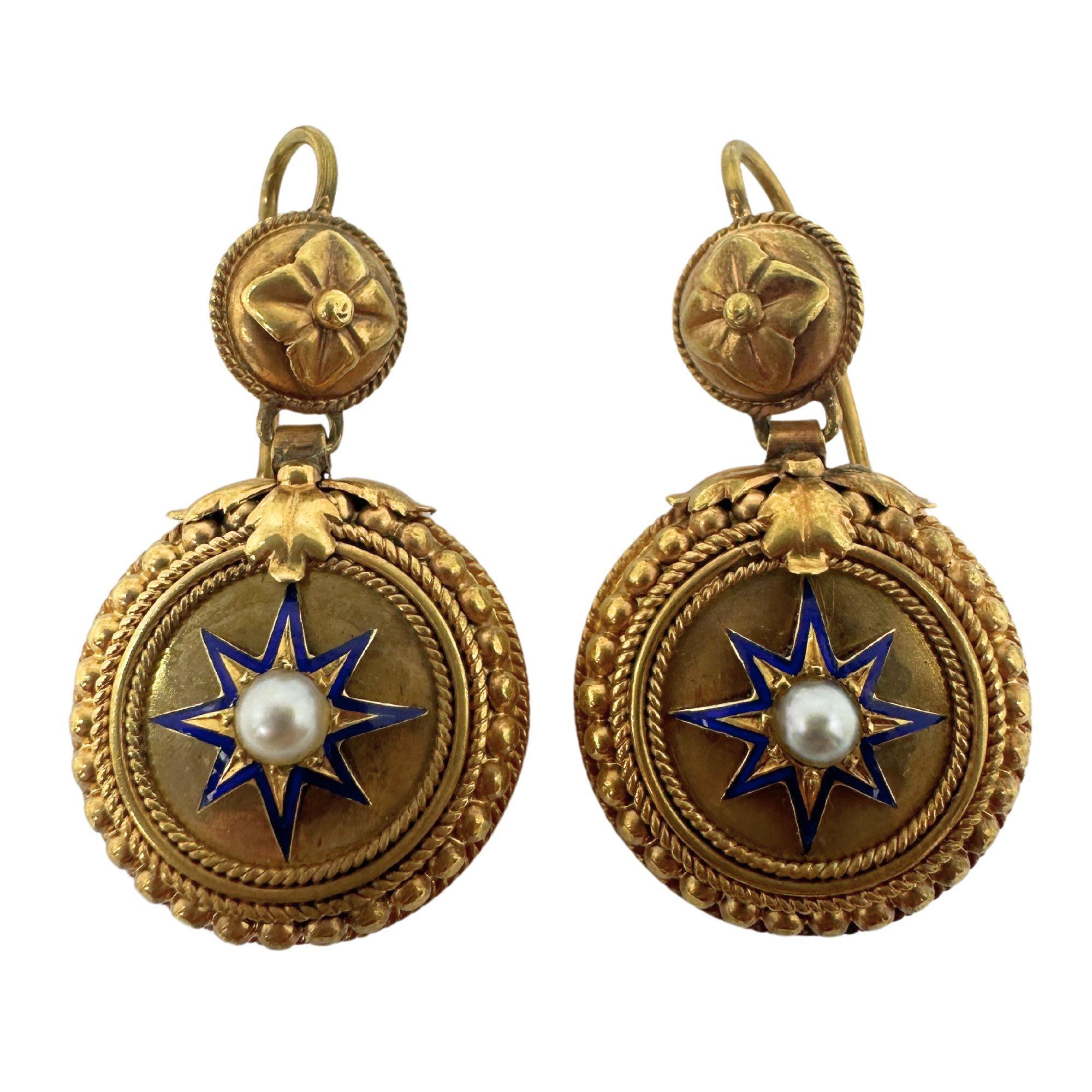 14k Victorian Pearl and Blue Enamel Drop Earrings For Sale 3