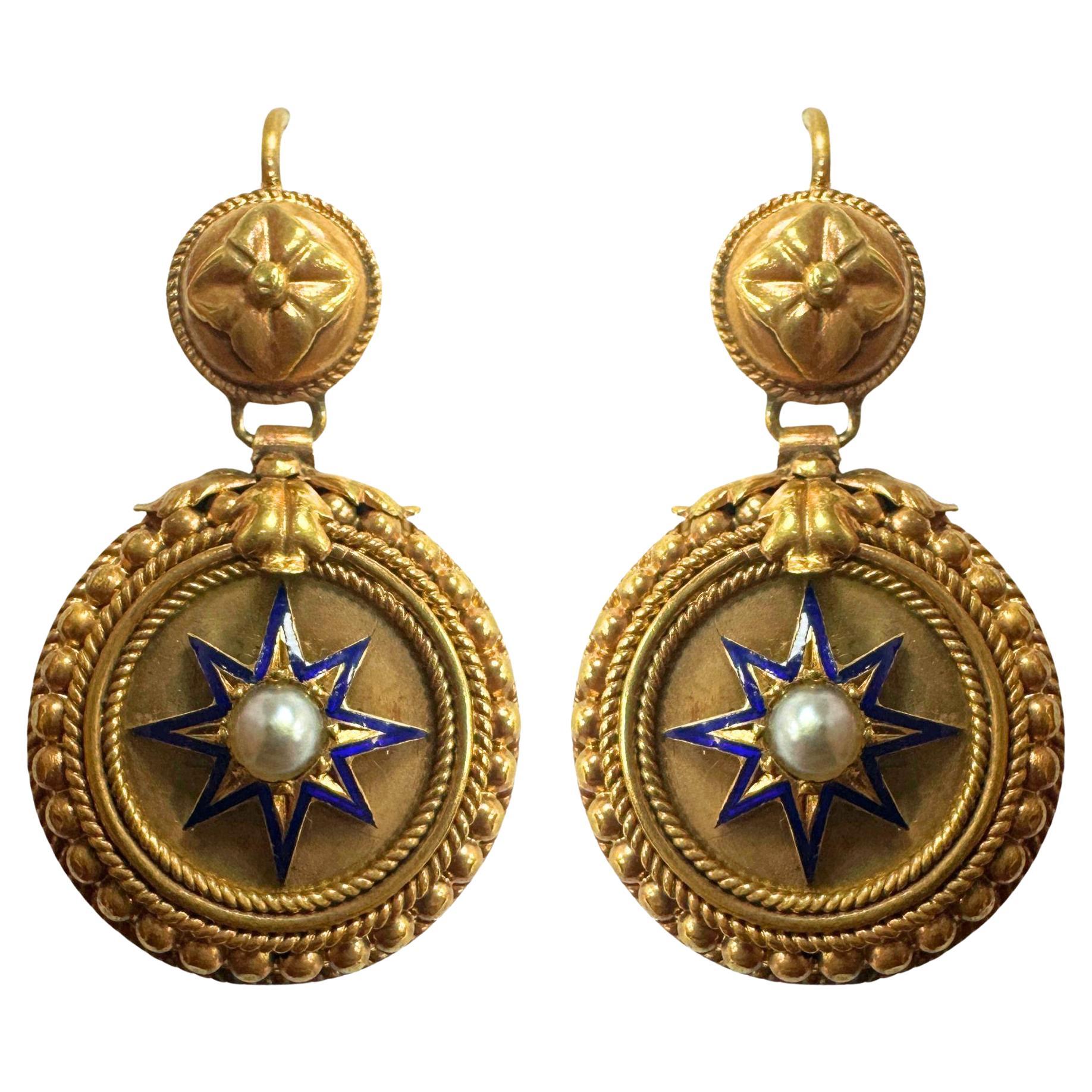 14k Victorian Pearl and Blue Enamel Drop Earrings