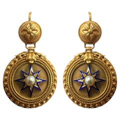 14k Victorian Pearl and Blue Enamel Drop Earrings