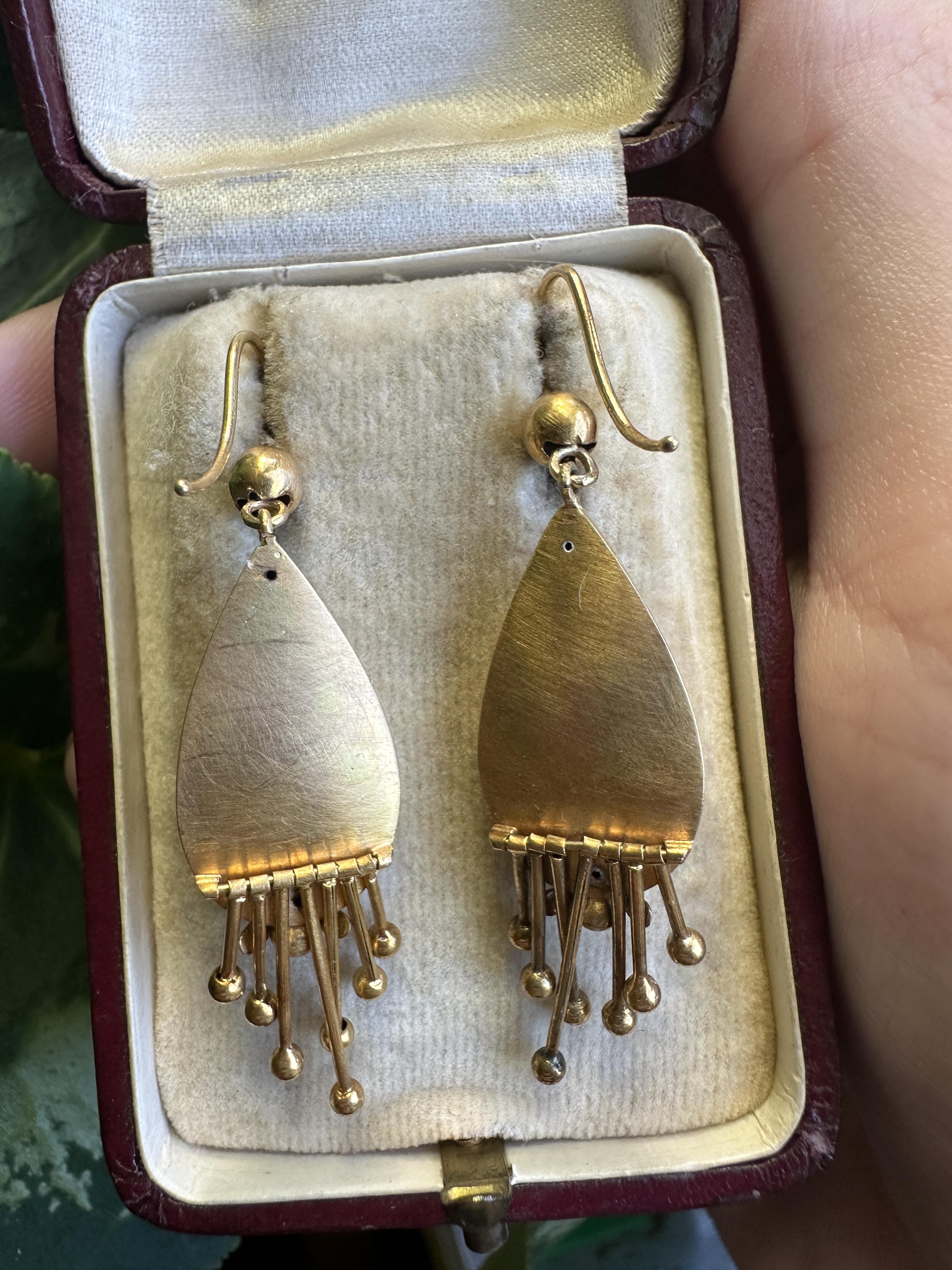 Round Cut 14k Victorian Pearl and Enamel Drop Earrings For Sale