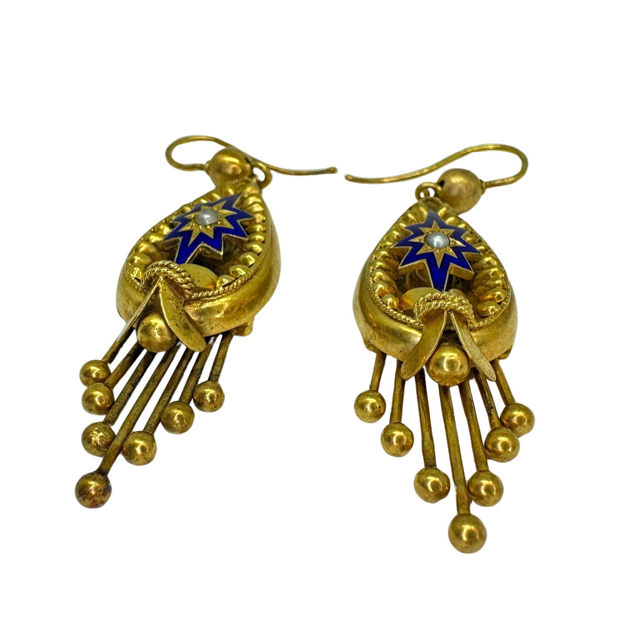 Women's 14k Victorian Pearl and Enamel Drop Earrings For Sale