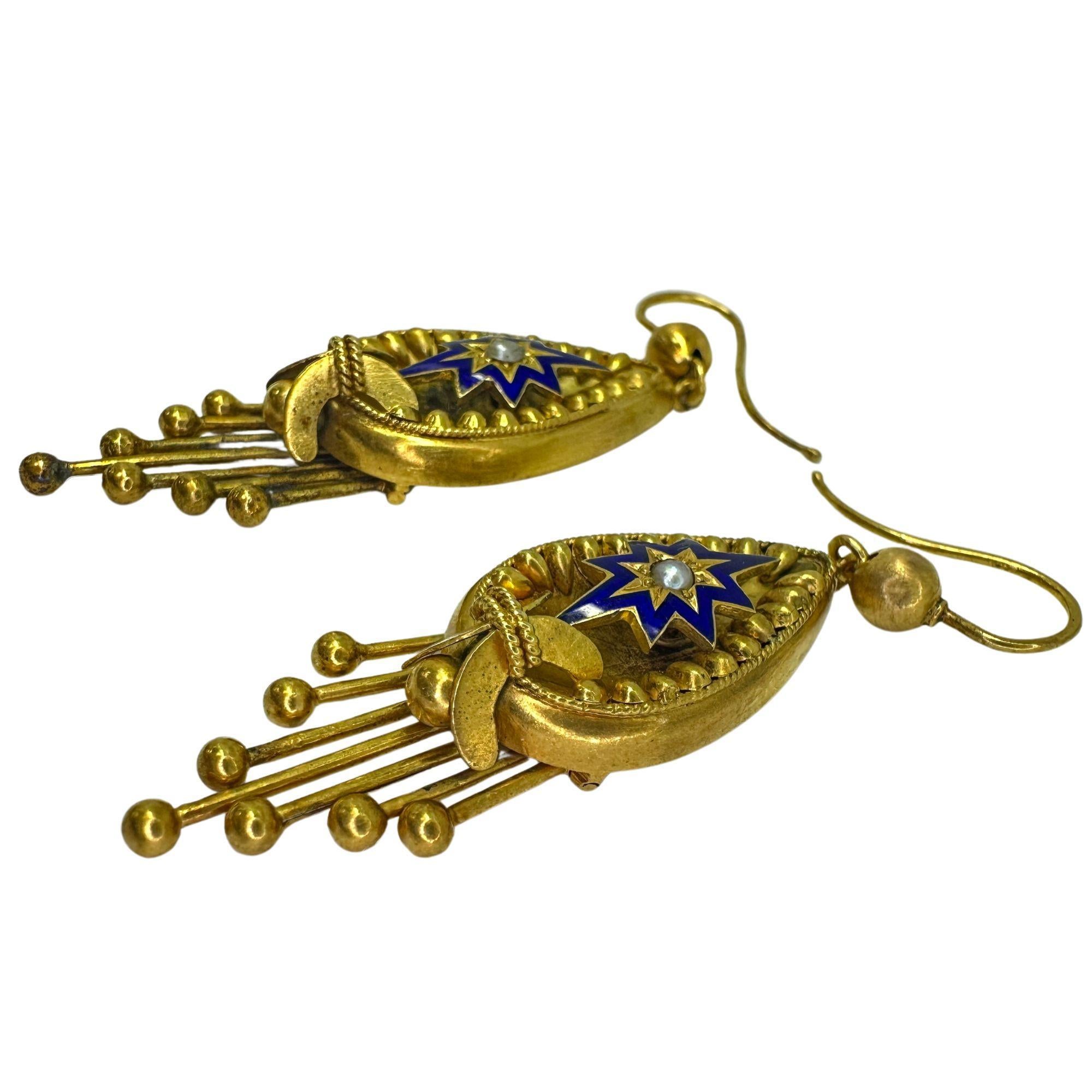 14k Victorian Pearl and Enamel Drop Earrings For Sale 1