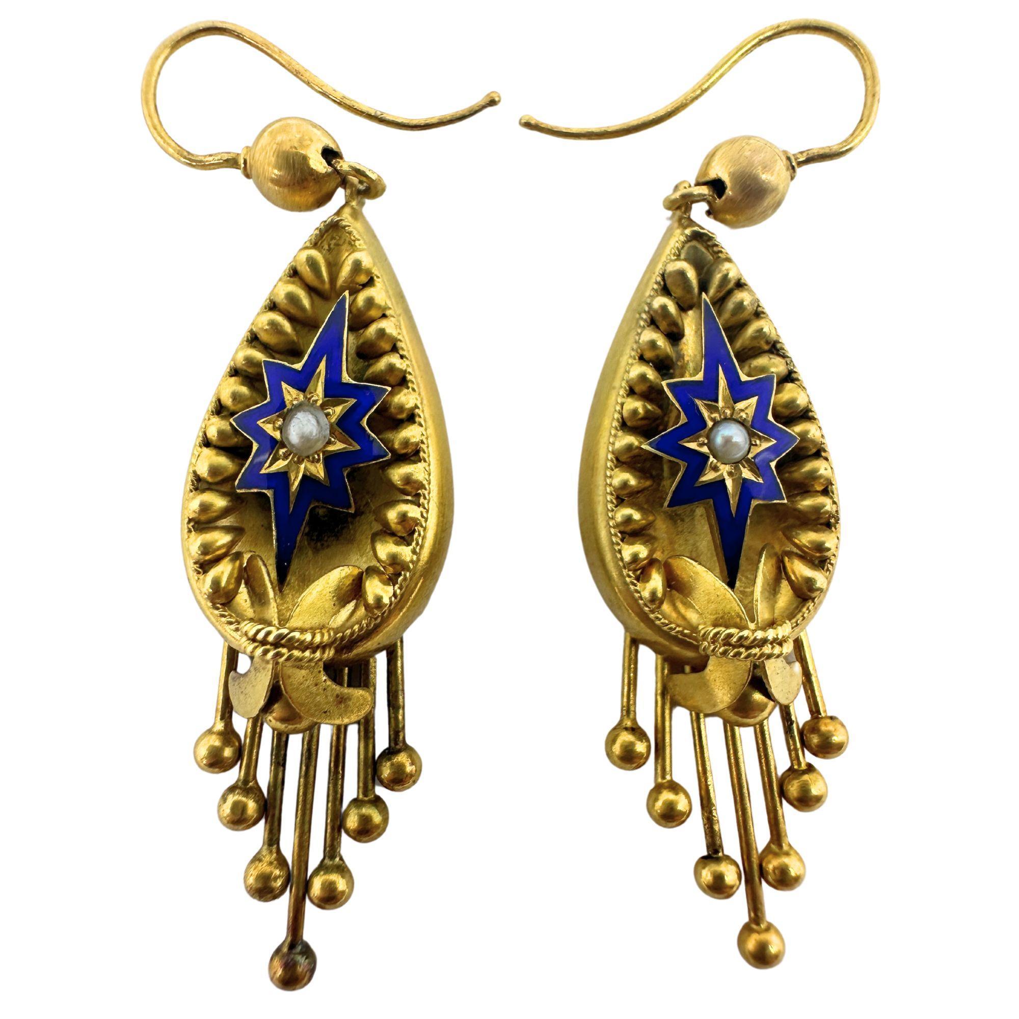 14k Victorian Pearl and Enamel Drop Earrings For Sale 2