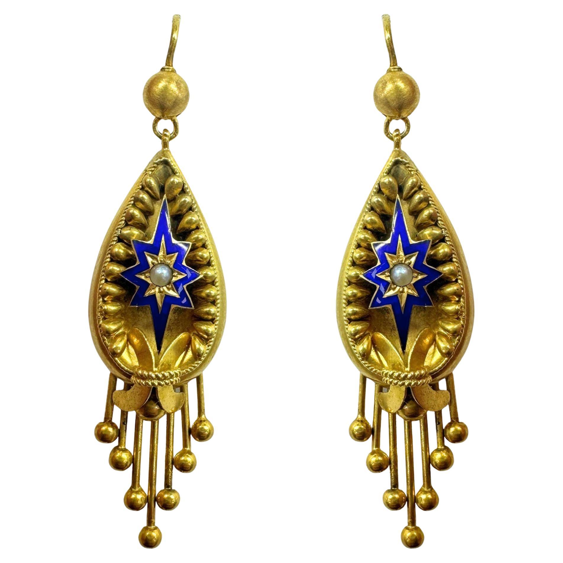 14k Victorian Pearl and Enamel Drop Earrings