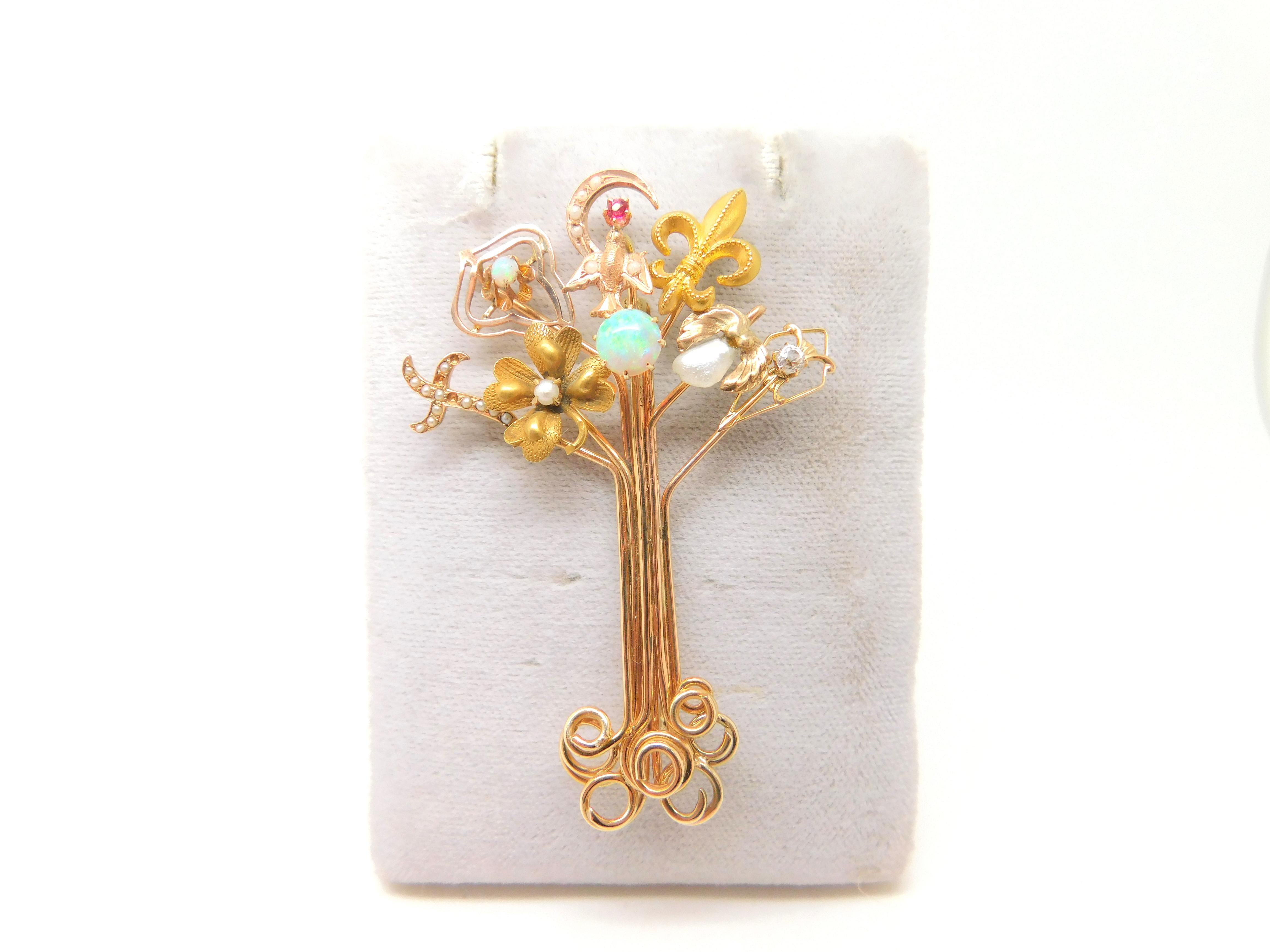 14K Victorian Stick Pin Collection Tree Brooch For Sale 1