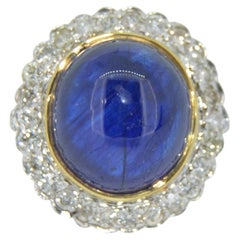 14K Vintage 13.6 Carat Cabochon Sapphire & Diamond Halo Ring