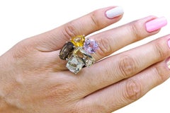 14K Vintage Amethyst, Aquamarine, Yellow Quartz and Smoke Topaz and Ladies Ring